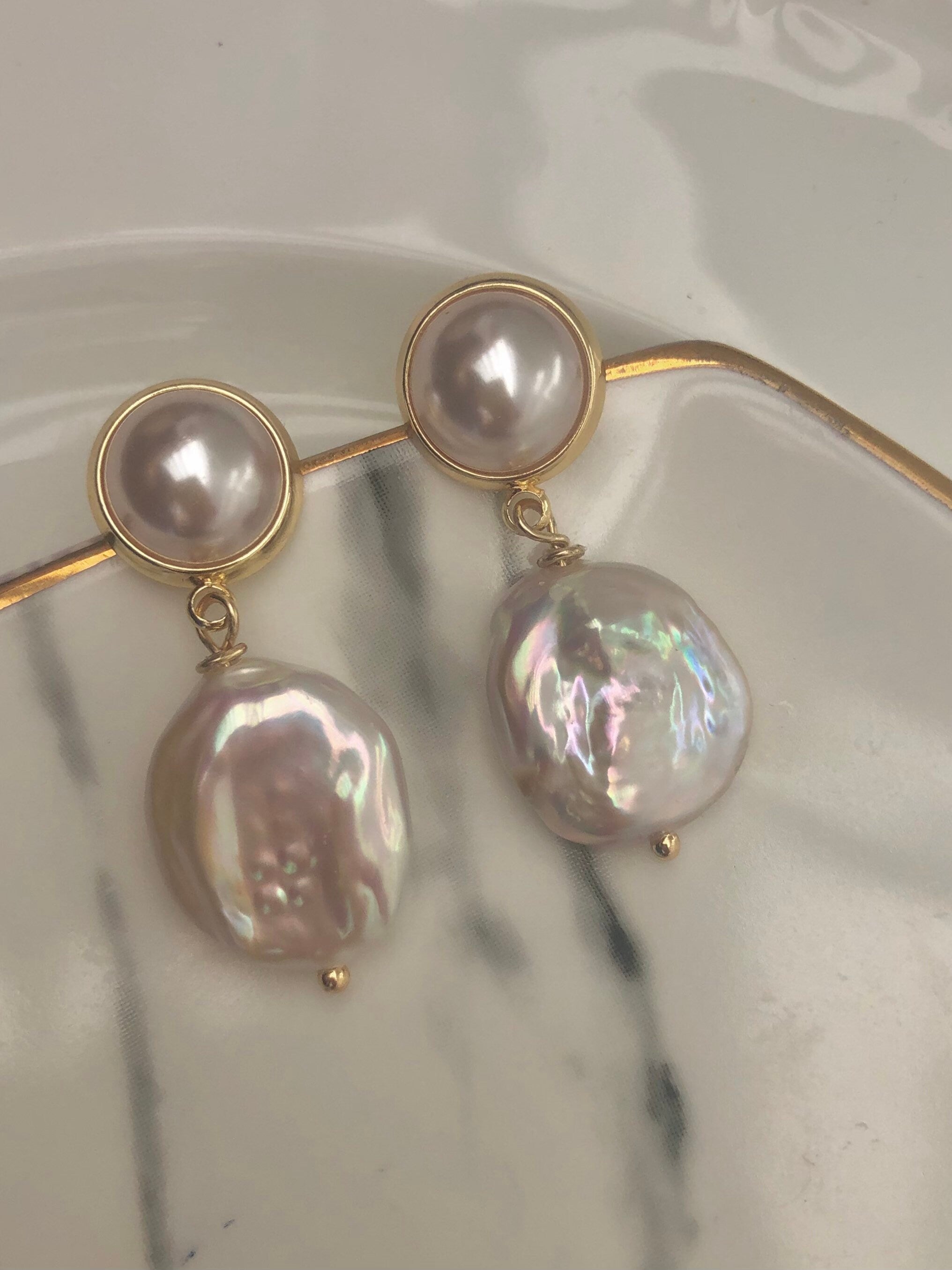 France style freshwater baroque big coin pearl earrings. Elegant dangle earrings. Double pearl earring. dainty. Delicate earring