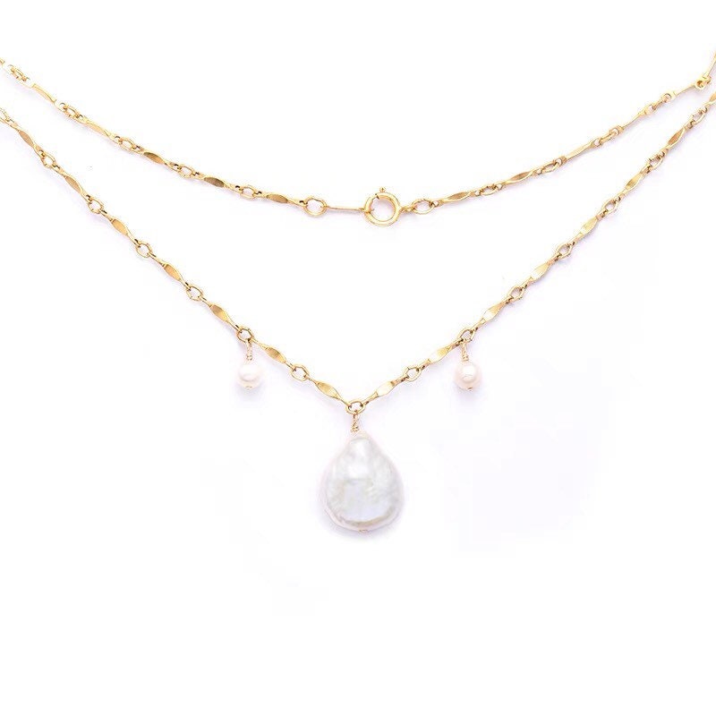 14K gold filled freshwater keshi pearl vintage style necklace. Art nouveau chain necklace. Art Deco necklace. Bridal boho necklace.