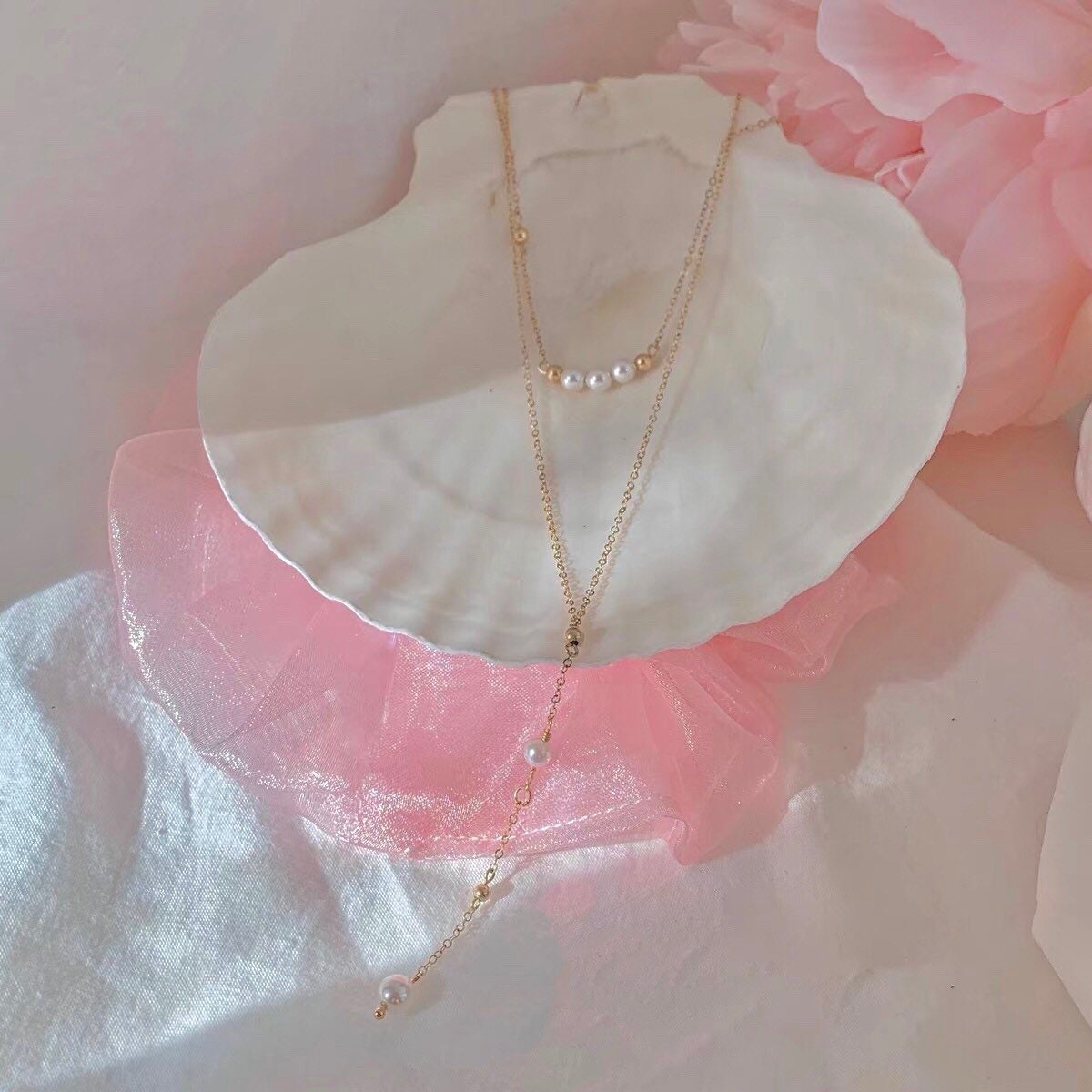 14K gold filled Victoria style double chain layered Freshwater petal necklace. France style lariat necklace. Y necklace. Bridal necklace.