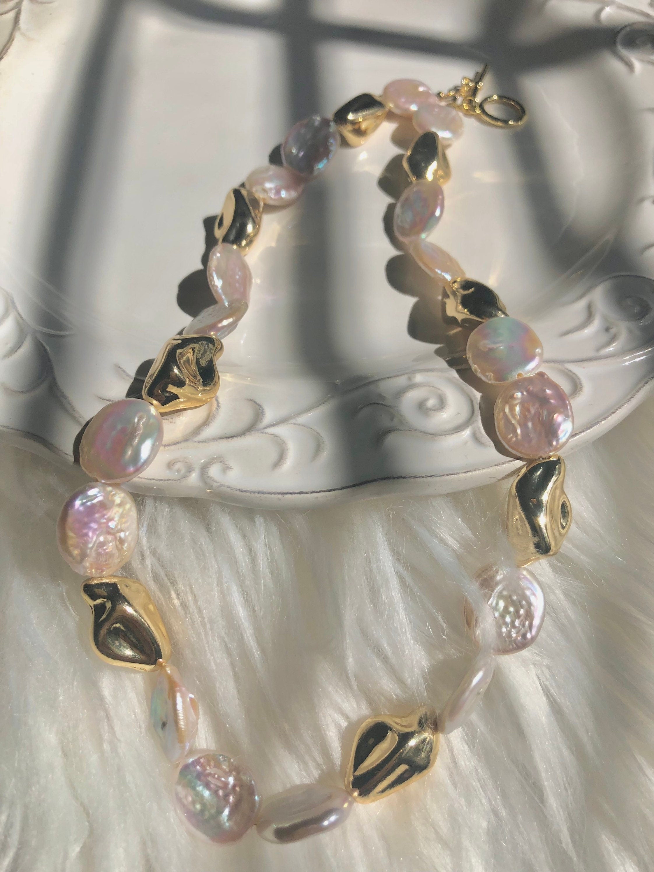 Freshwater baroque large coin pearl nugget toggle necklace. High luster baroque pearl necklace. Chunky necklace. Gift for her.