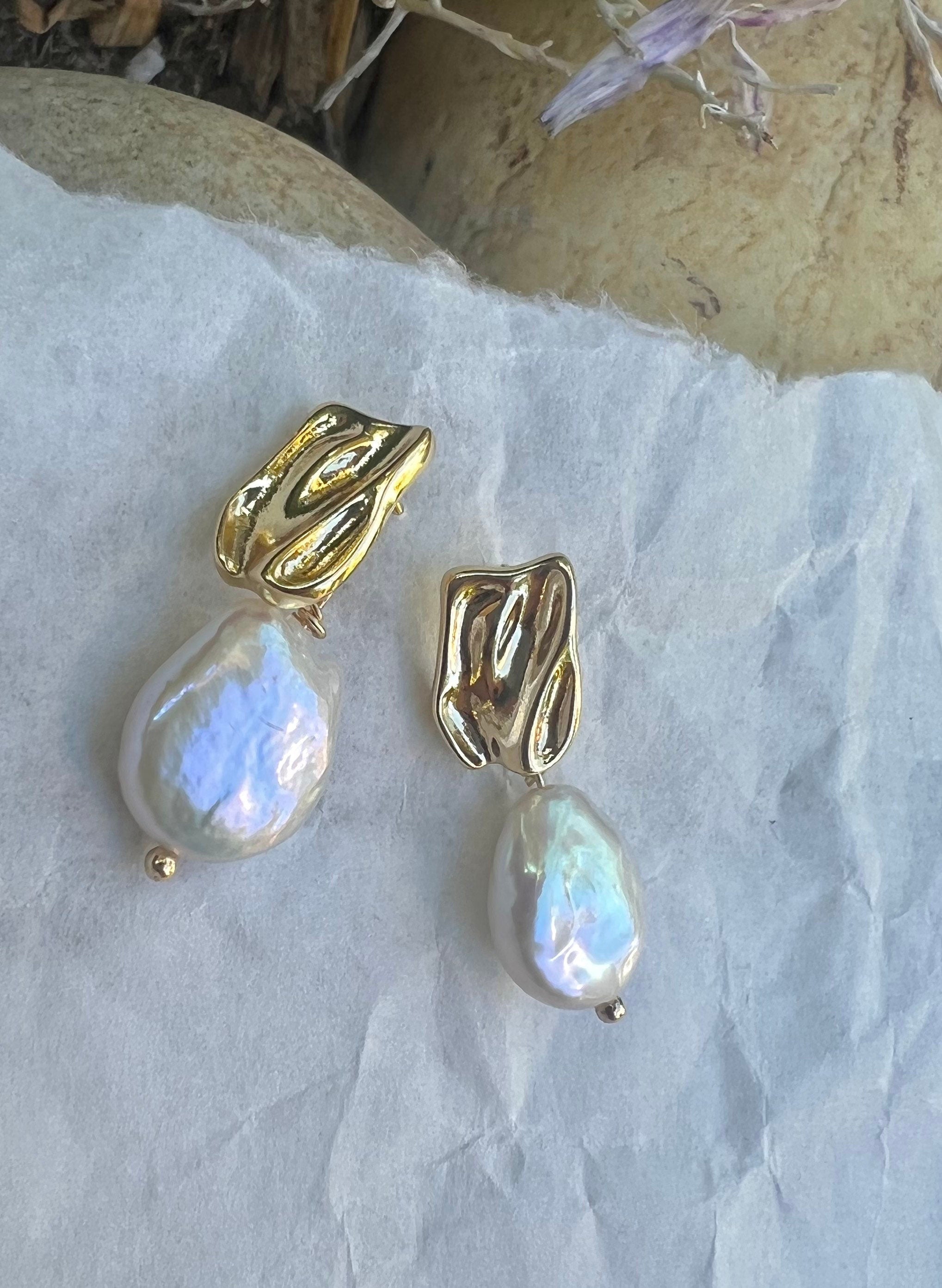 Freshwater keshi coin pearl purple/orange/white high quality luster Nugget stud earrings. Trendy earrings. Minimalist earrings