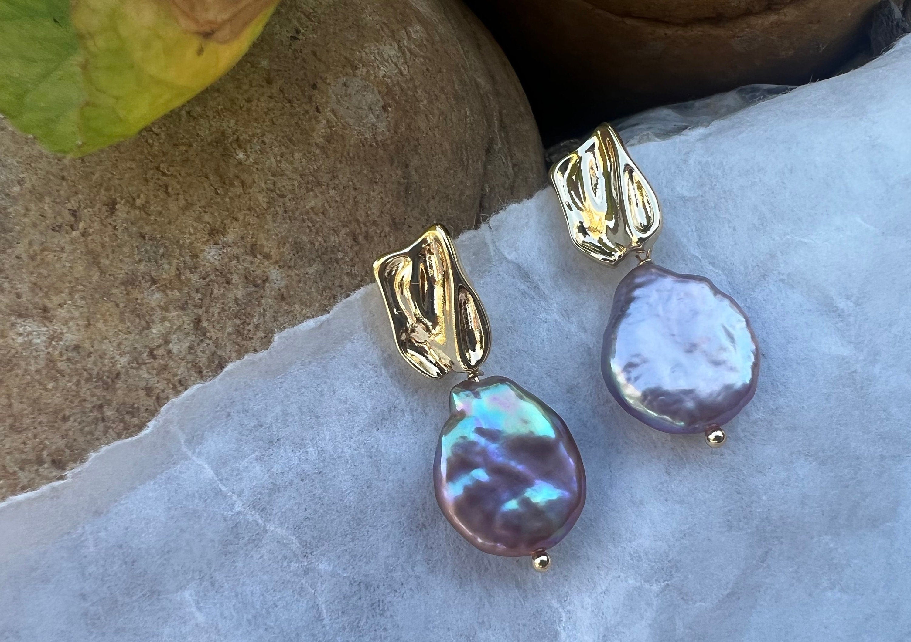 Freshwater keshi coin pearl purple/orange/white high quality luster Nugget stud earrings. Trendy earrings. Minimalist earrings
