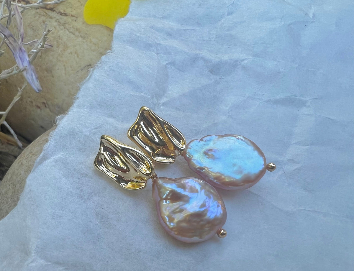 Freshwater Keshi Coin Pearl Purple/Orange/White Nugget Stud Earrings