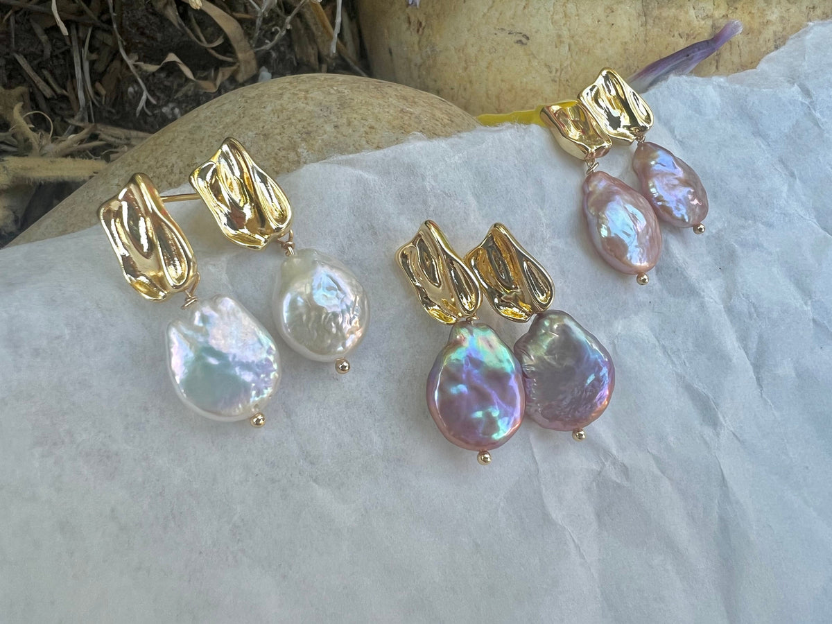 Freshwater Keshi Coin Pearl Purple/Orange/White Nugget Stud Earrings