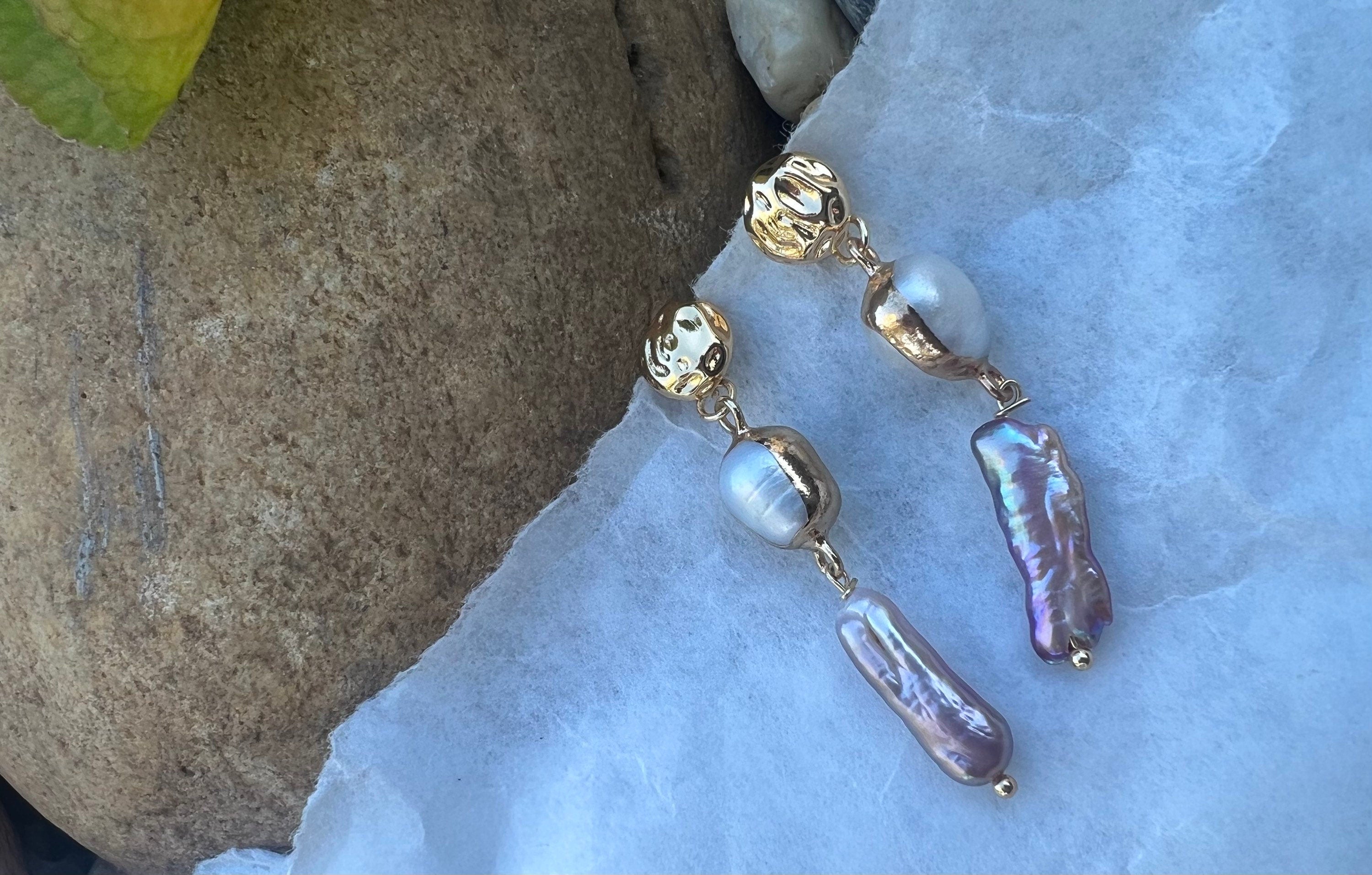 Multiple-color freshwater keshi Biwa pearl dainty nugget stud earring. Dangle double pearl earring. Wedding earring. Gift for her