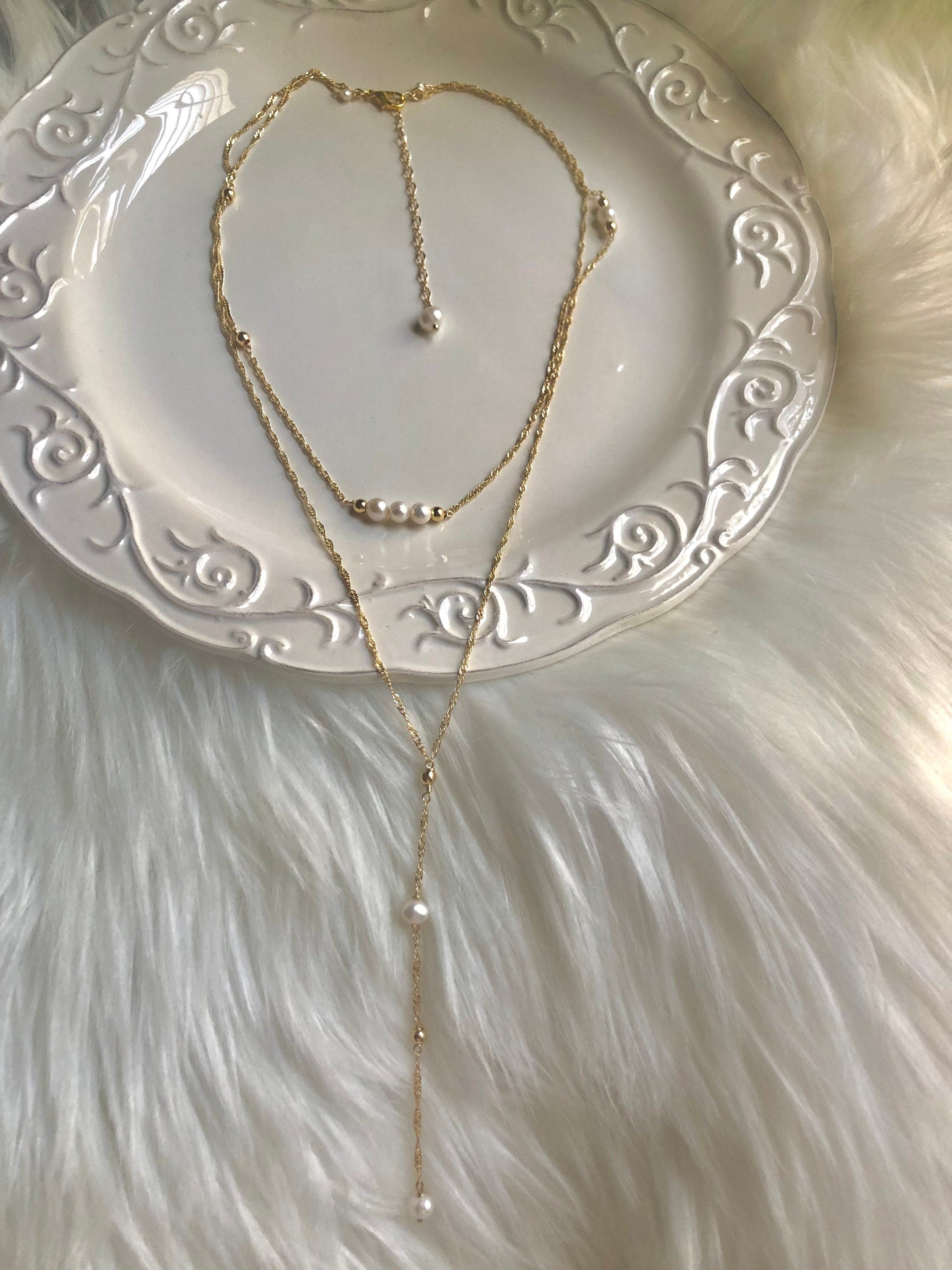 14K gold filled Victoria style double chain layered Freshwater petal necklace. France style lariat necklace. Y necklace. Bridal necklace.