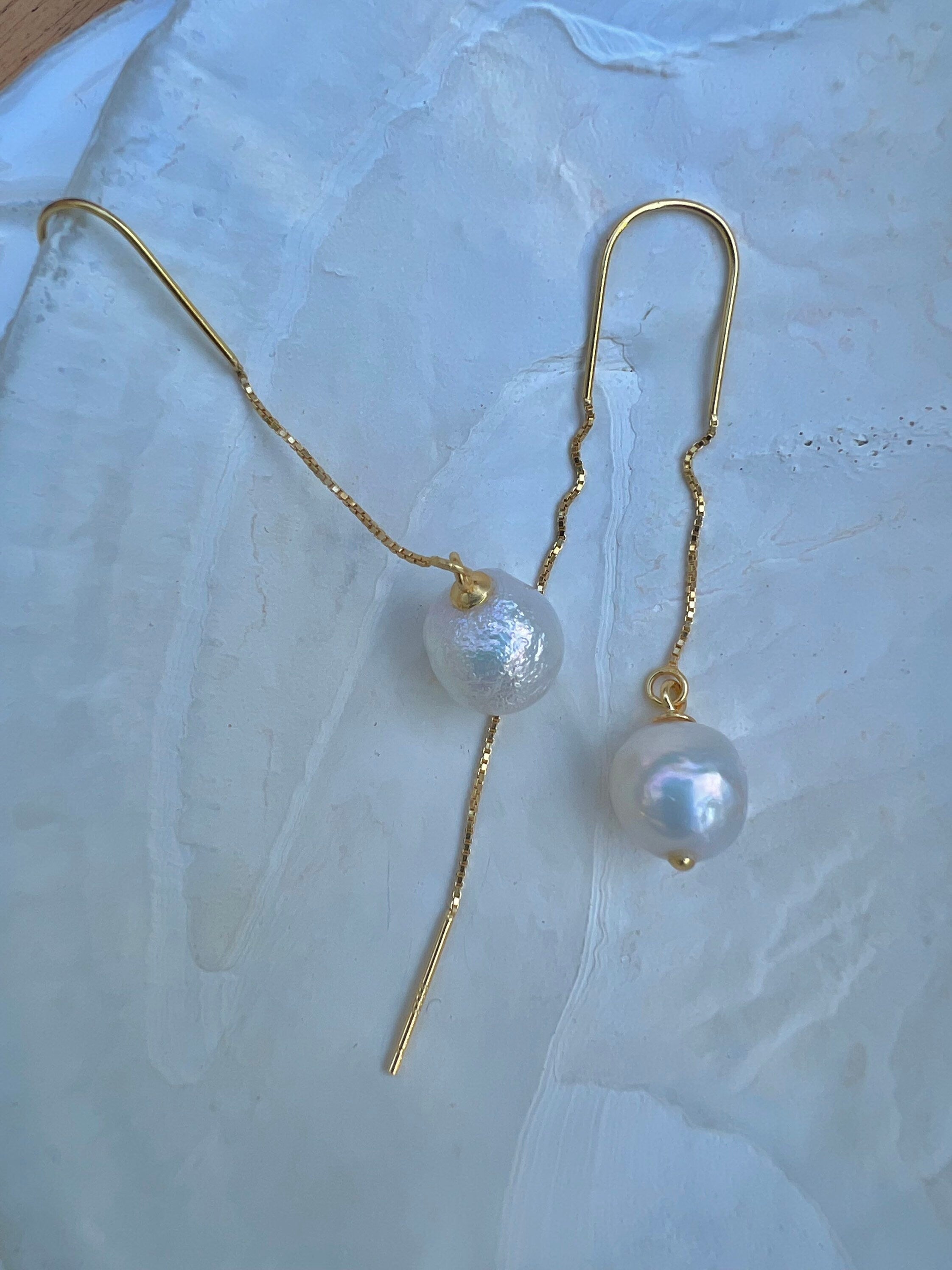 Freshwater Baroque pearl dainty U shape threader. Freshwater pearl earrings. Bridal pearl earrings. Gift for her