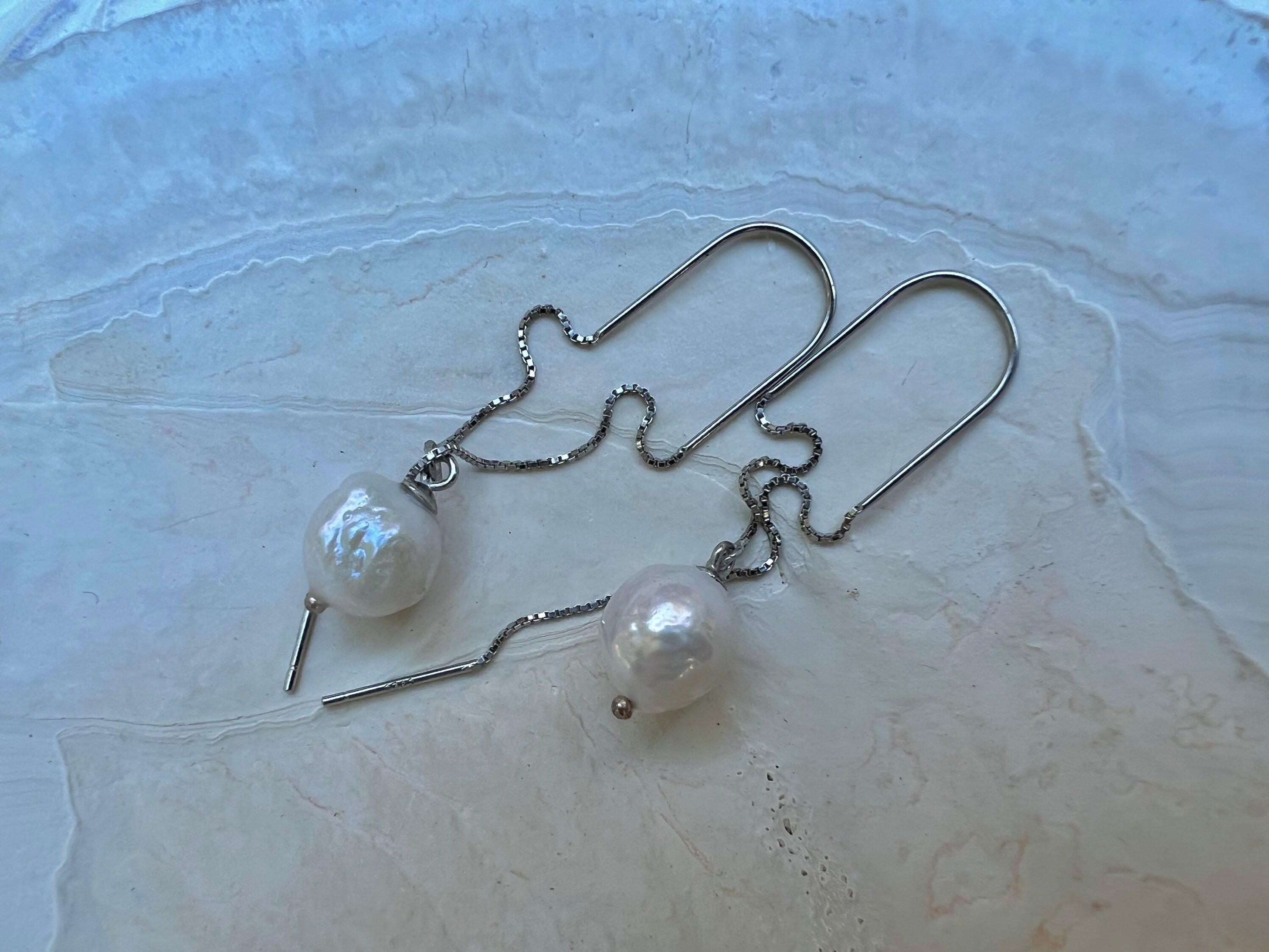 Freshwater Baroque pearl dainty U shape threader. Freshwater pearl earrings. Bridal pearl earrings. Gift for her