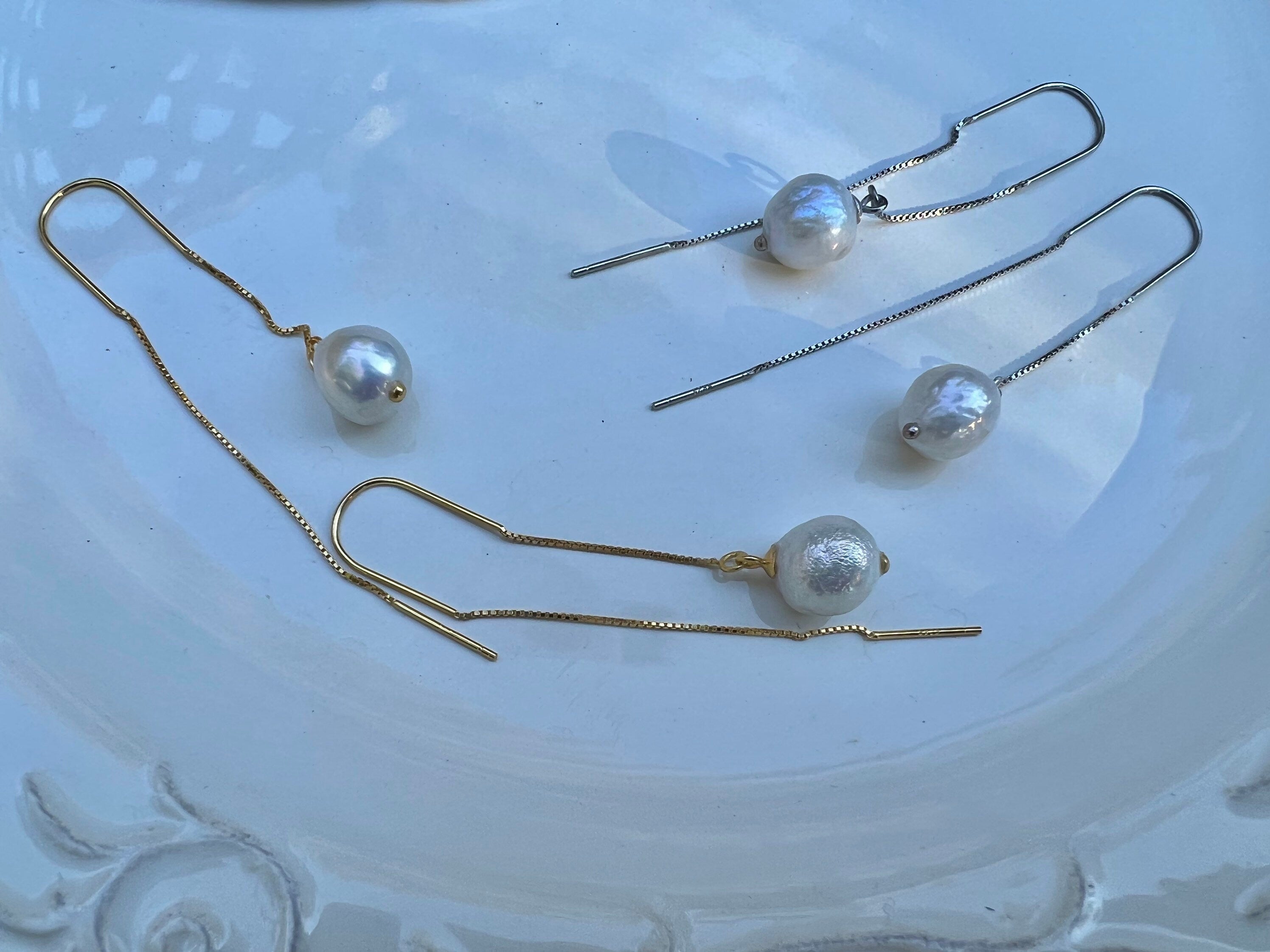 Freshwater Baroque pearl dainty U shape threader. Freshwater pearl earrings. Bridal pearl earrings. Gift for her