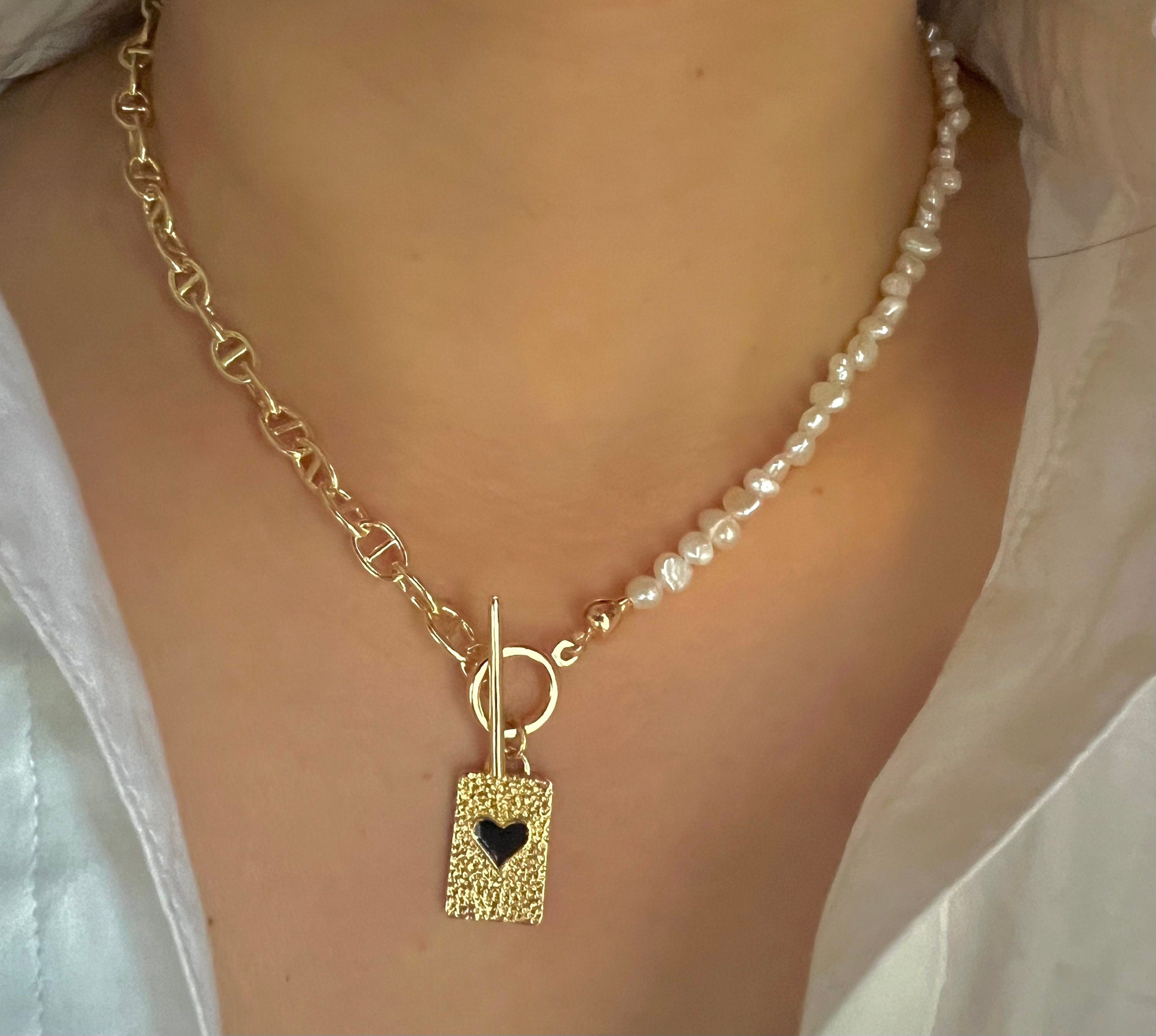 Freshwater baroque pearl half chain heart charm necklace. High luster baroque pearl necklace. Boho necklace. Vintage necklace. Valentines