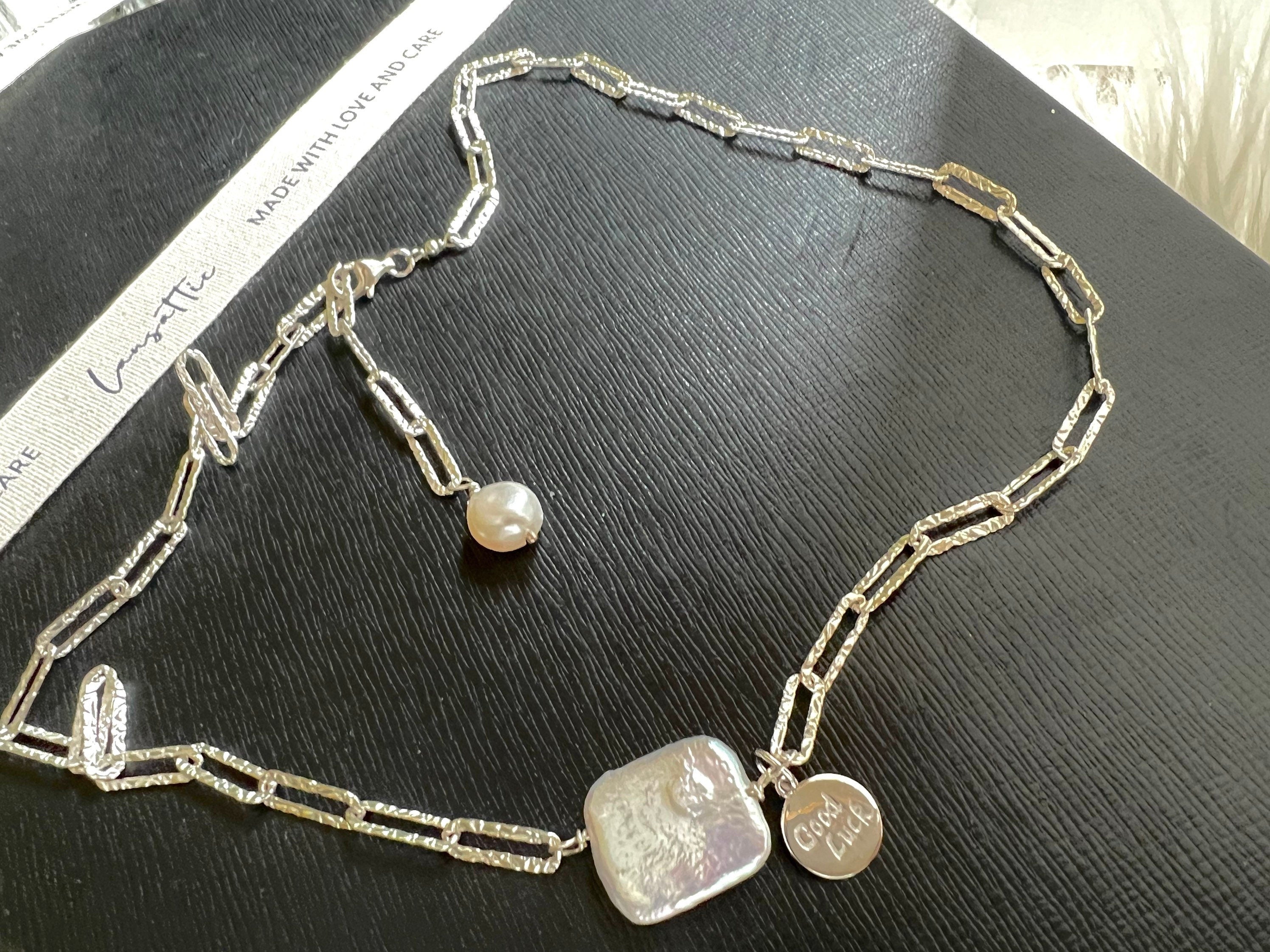925 sterling silver baroque petal pearl sparkle chain charm lucky necklace. Rectangle chain necklace. Minimalist necklace. Chic necklace