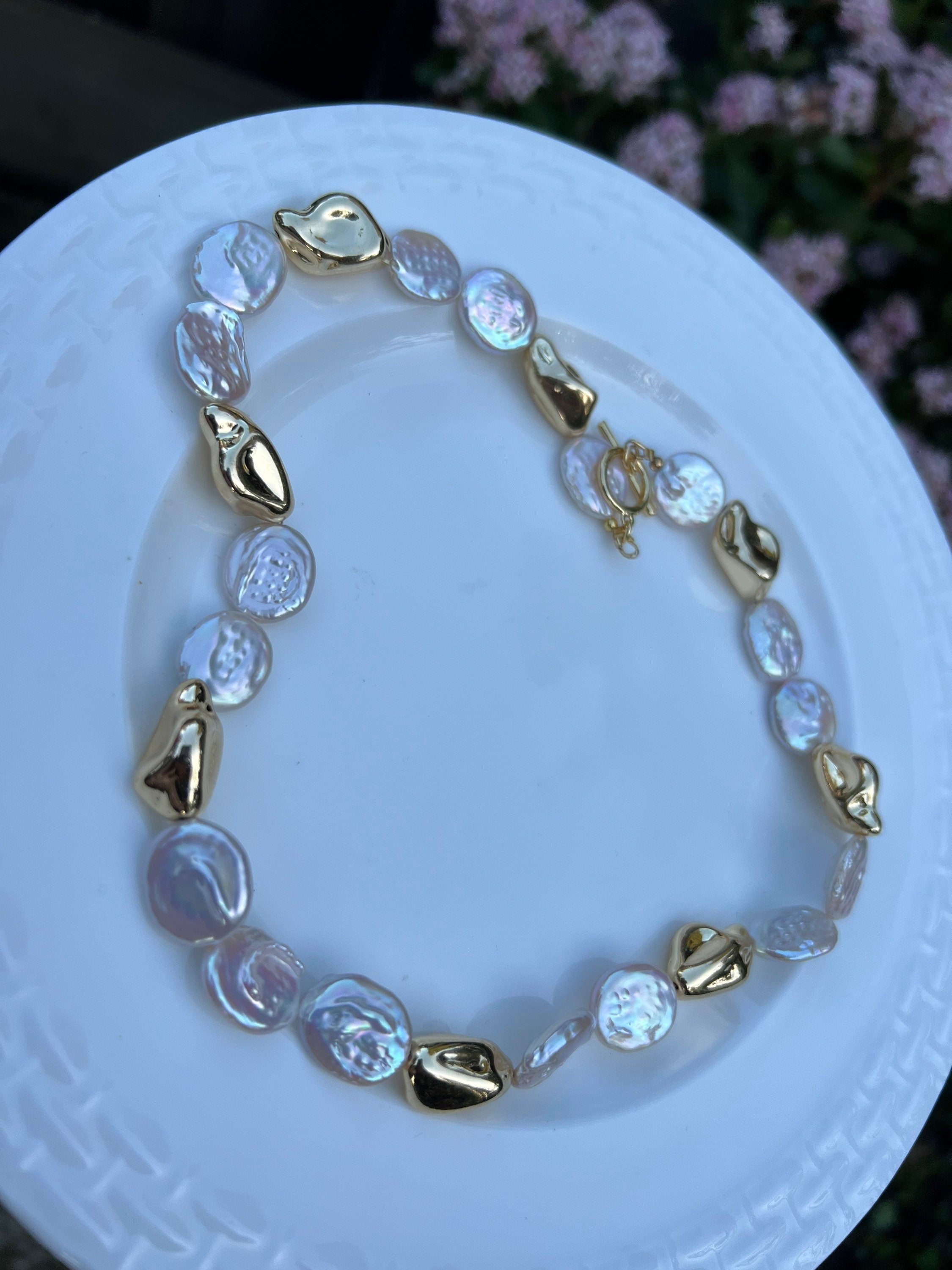 Freshwater baroque large coin pearl nugget toggle necklace. High luster baroque pearl necklace. Chunky necklace. Gift for her.