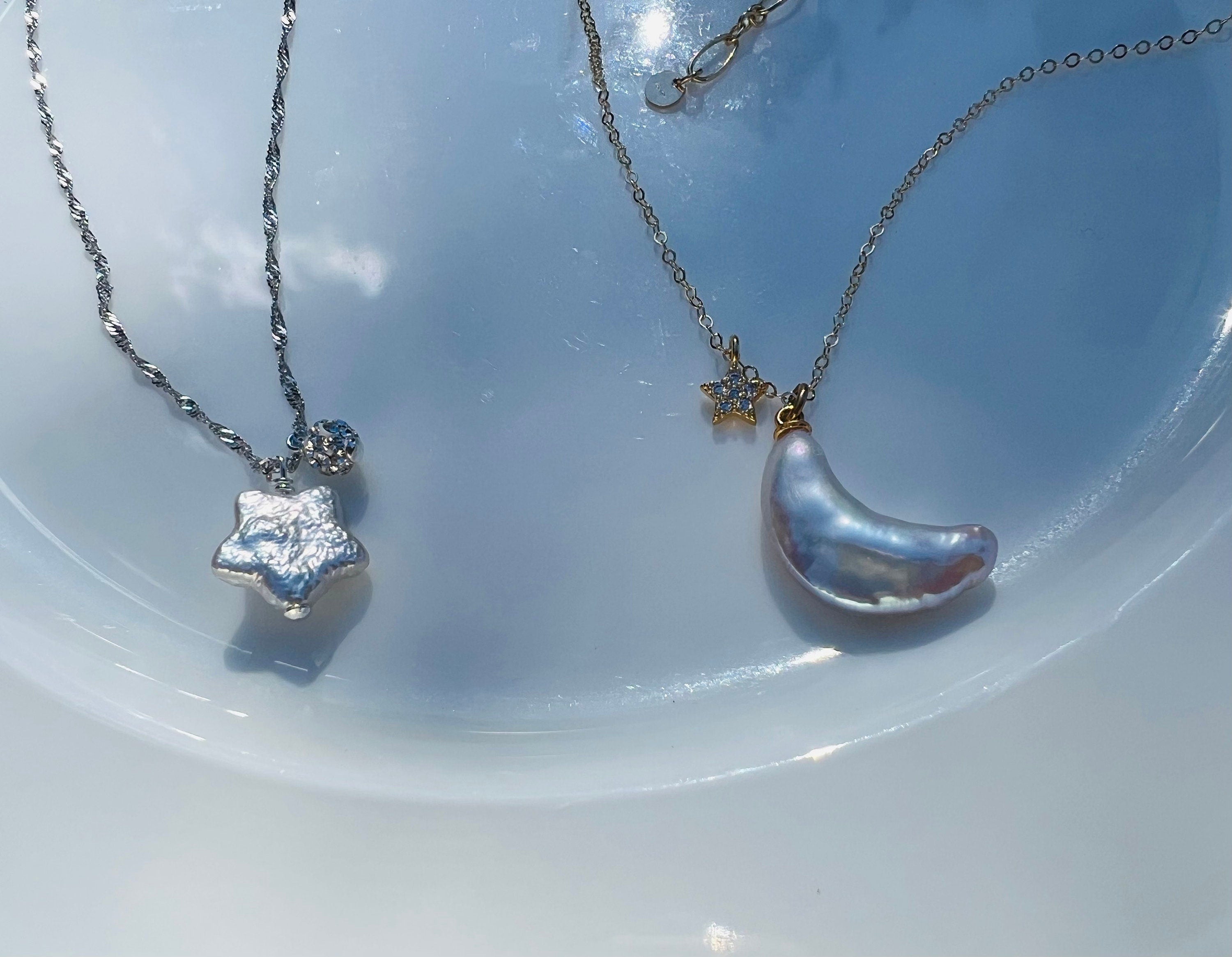 14K gold filled baroque star/Crescent moon elegant dangle necklace. Dainty CZ charm pendant necklace. Minimalist necklace. Gift for her