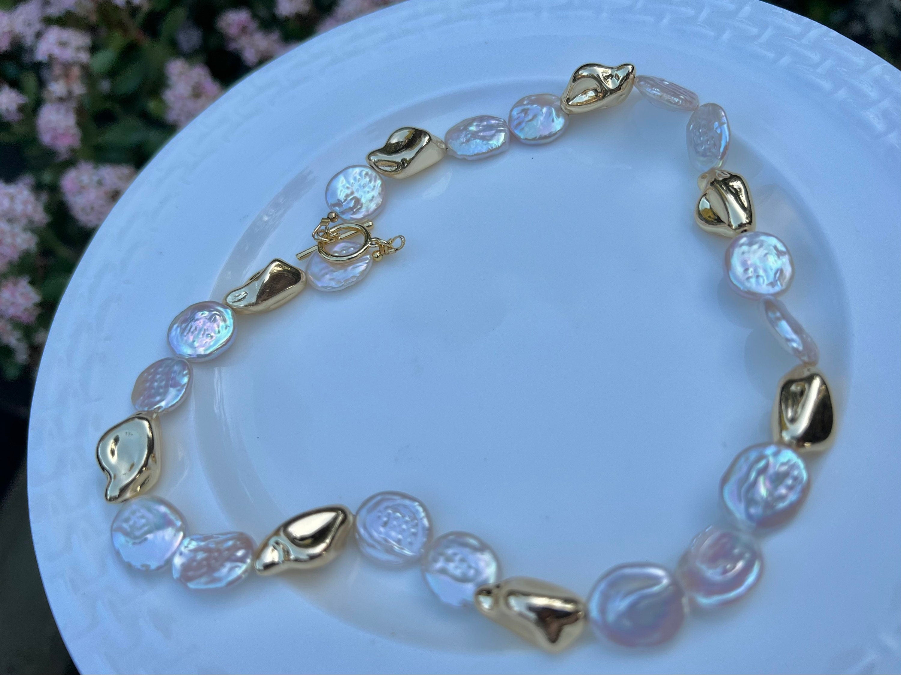 Freshwater baroque large coin pearl nugget toggle necklace. High luster baroque pearl necklace. Chunky necklace. Gift for her.
