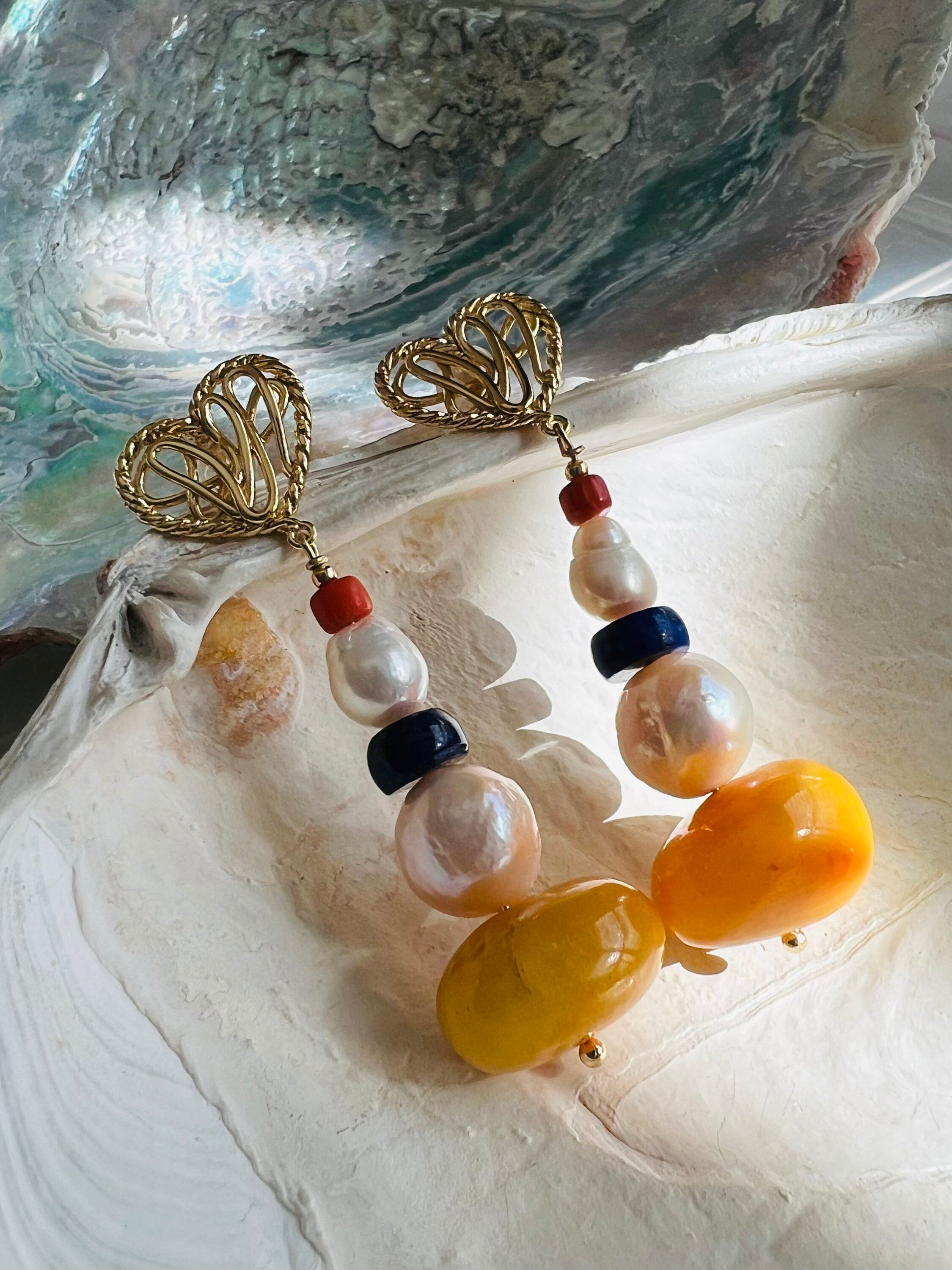 Vintage freshwater baroque Pearl Long dangle Earrings. Large Pearl amber lapis lazuli coral colorful Earrings. Candy Earrings. Wedding.