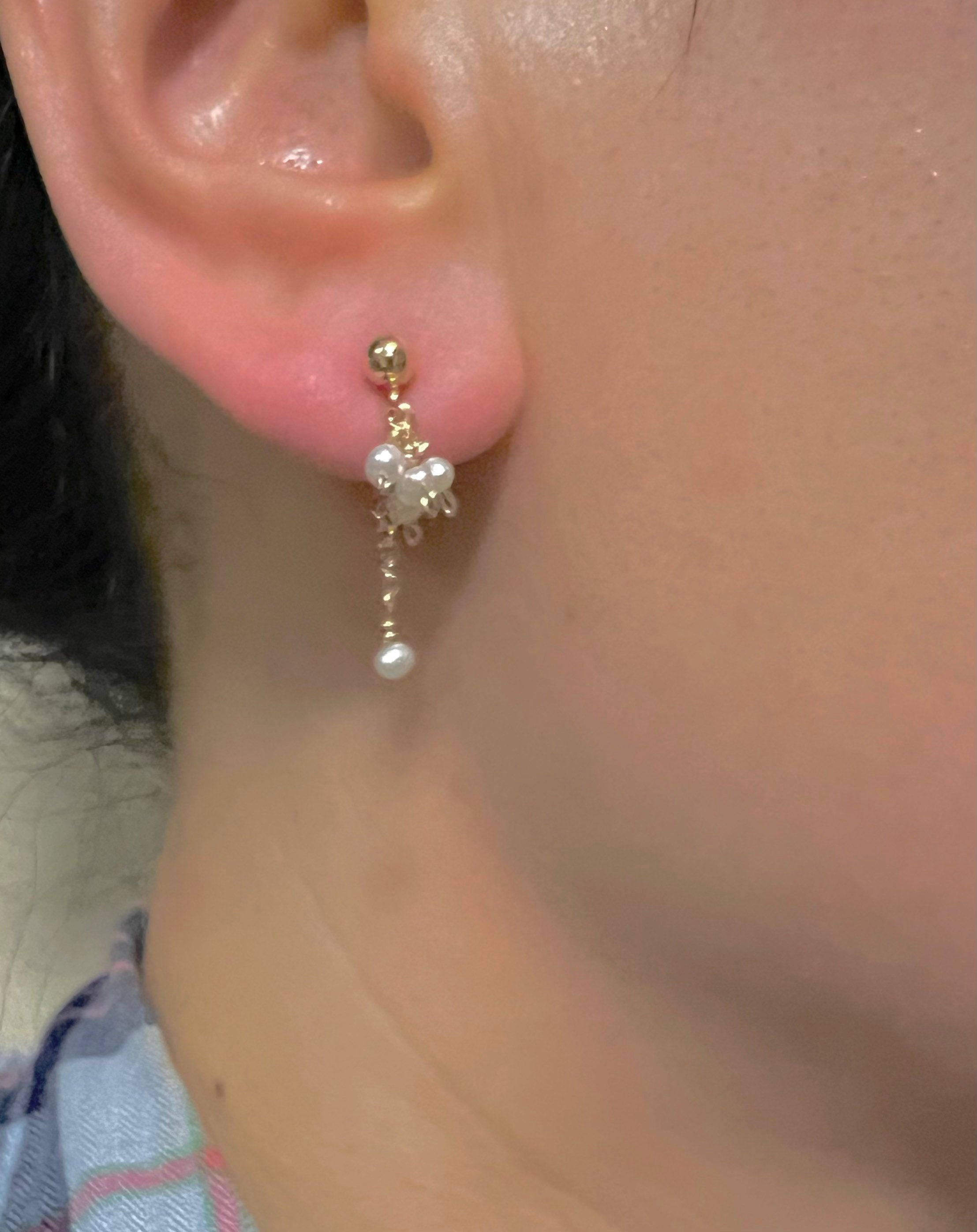 14K gold filled dainty pearl chain drop stud earring. Baby pearl cluster dangle earring. Bridal bridesmaid seed pearl stacking earring