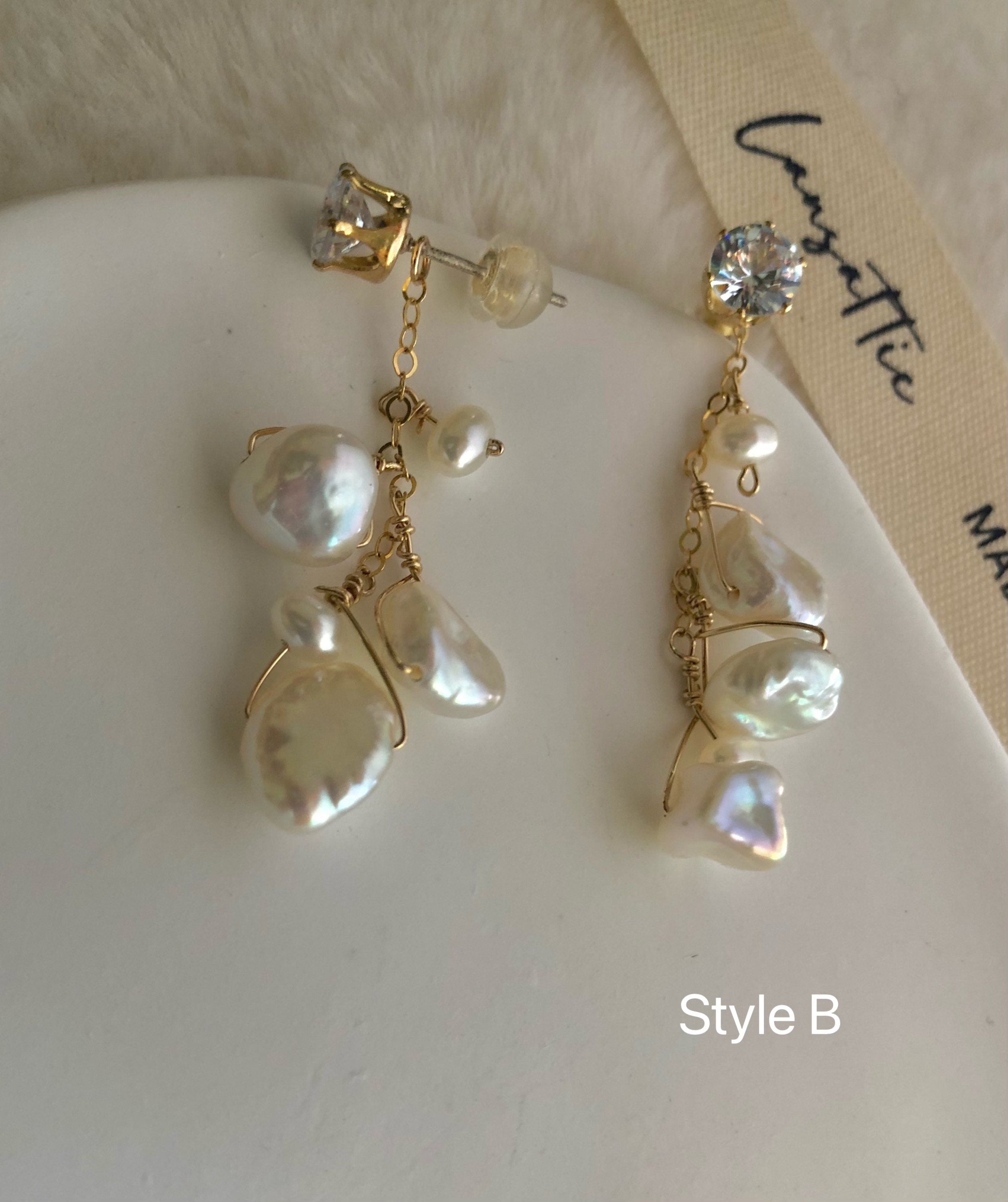 14K gold filled freshwater multiple-pearl dangle earrings. Dainty pearl earrings. Statement pearl earrings. Bridesmaid gift. Gift for her.