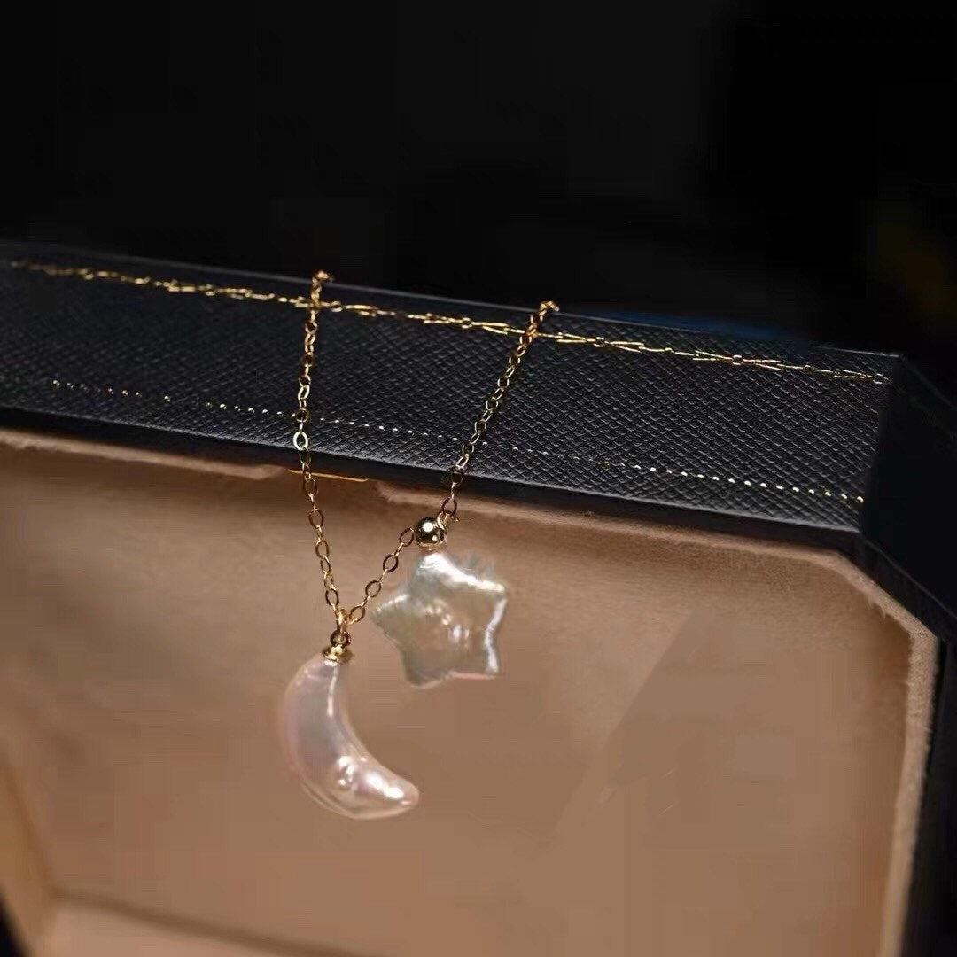 14K Gold Filled Baroque Star/Crescent Moon Dangle Necklace