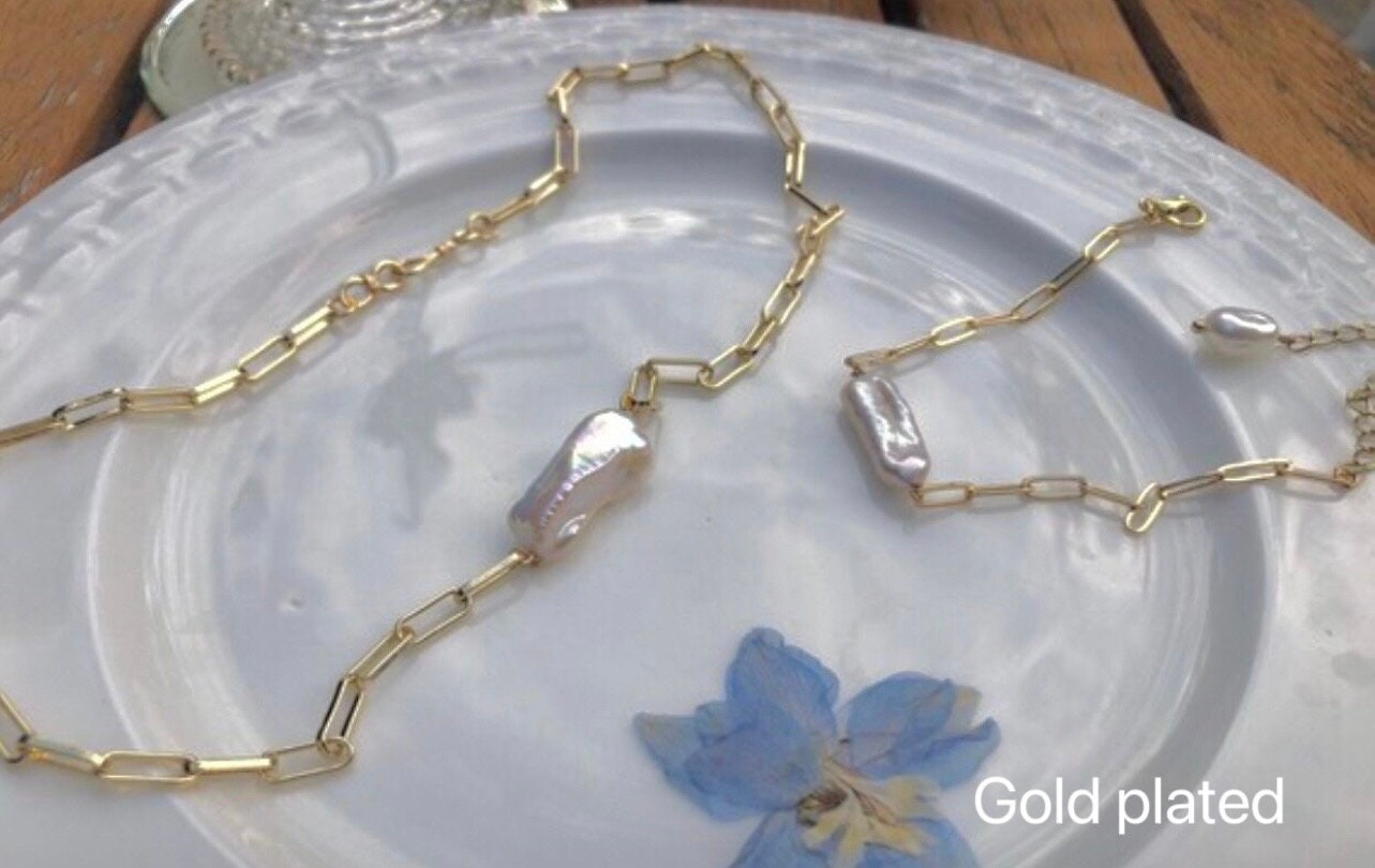 Keshi Baroque Biwa Pearl set. Minimalist dainty stackable chain solitaire necklace/bracelet. wedding set.