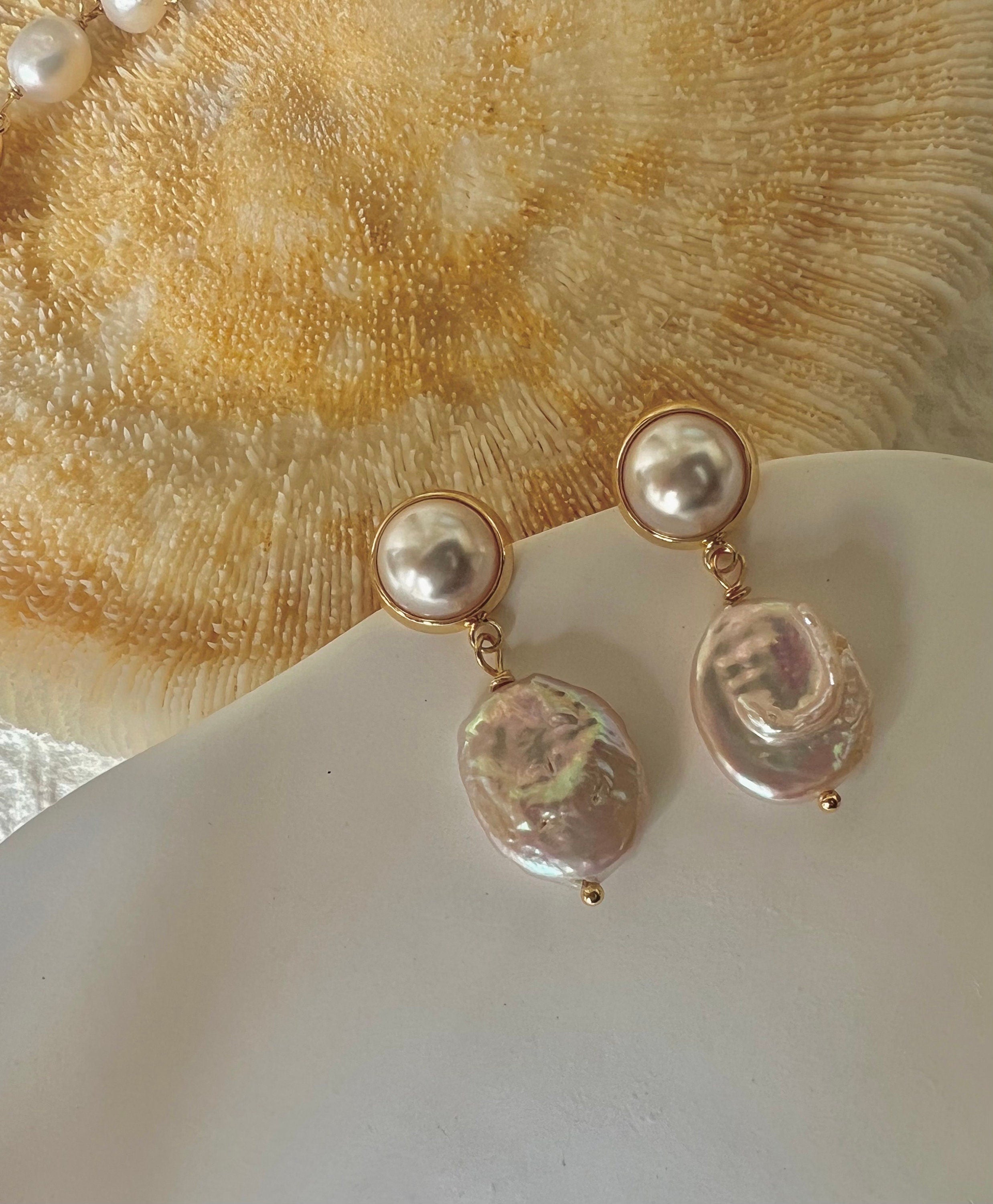 France style freshwater baroque big coin pearl earrings. Elegant dangle earrings. Double pearl earring. dainty. Delicate earring