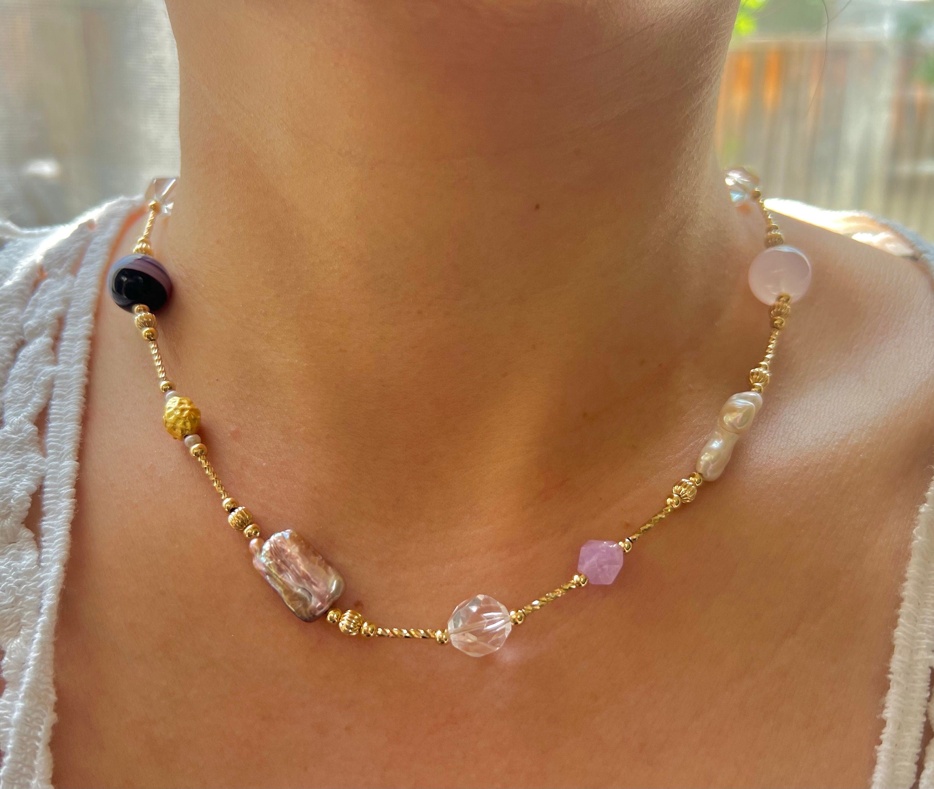 18K gold baroque pearl gemstone multicolored necklace. Candy statement necklace. Designed necklace. Adorable necklace.