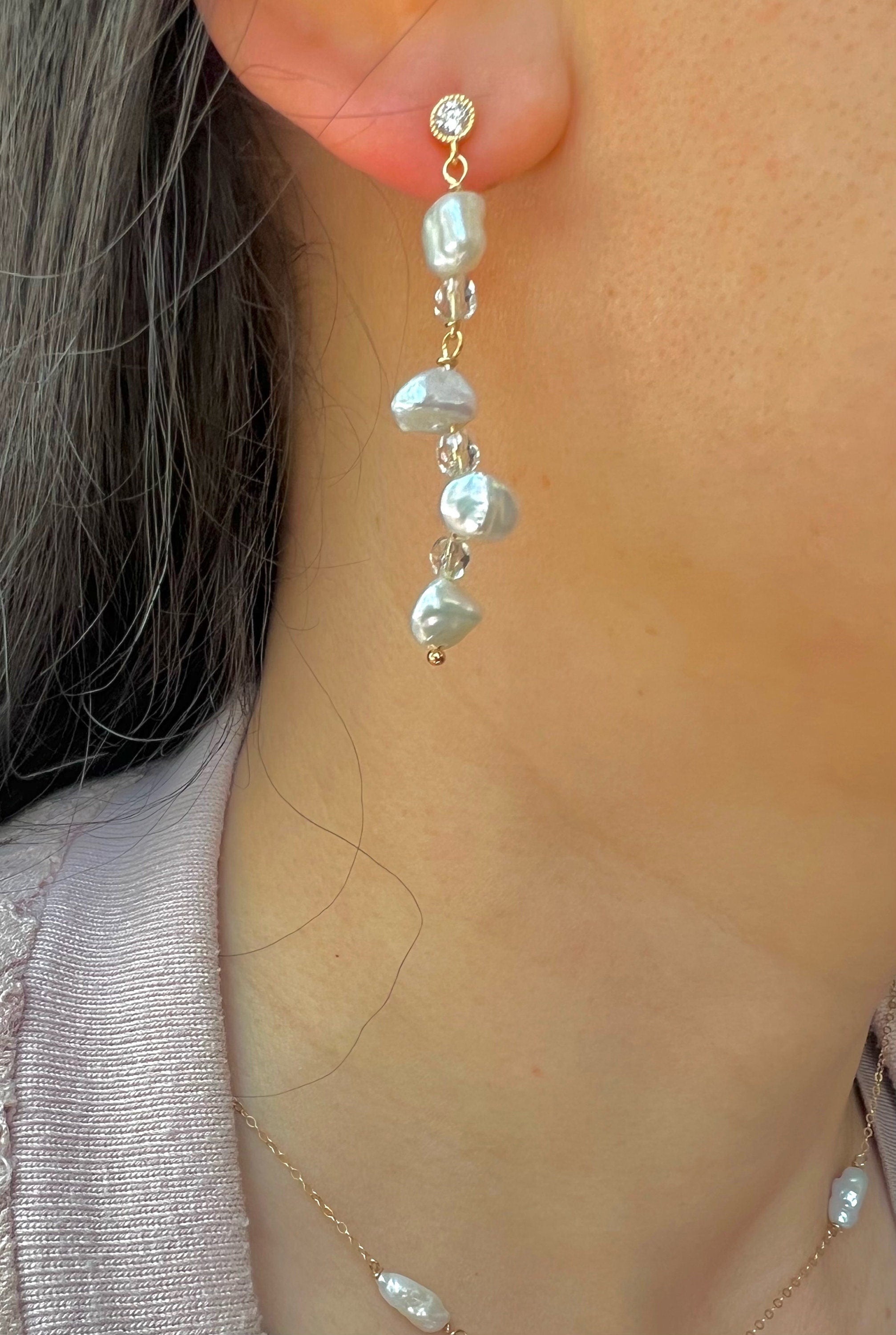 France style baroque petals pearl crystal dangle dainty earring. High Luster pearl earring. Gift for her.