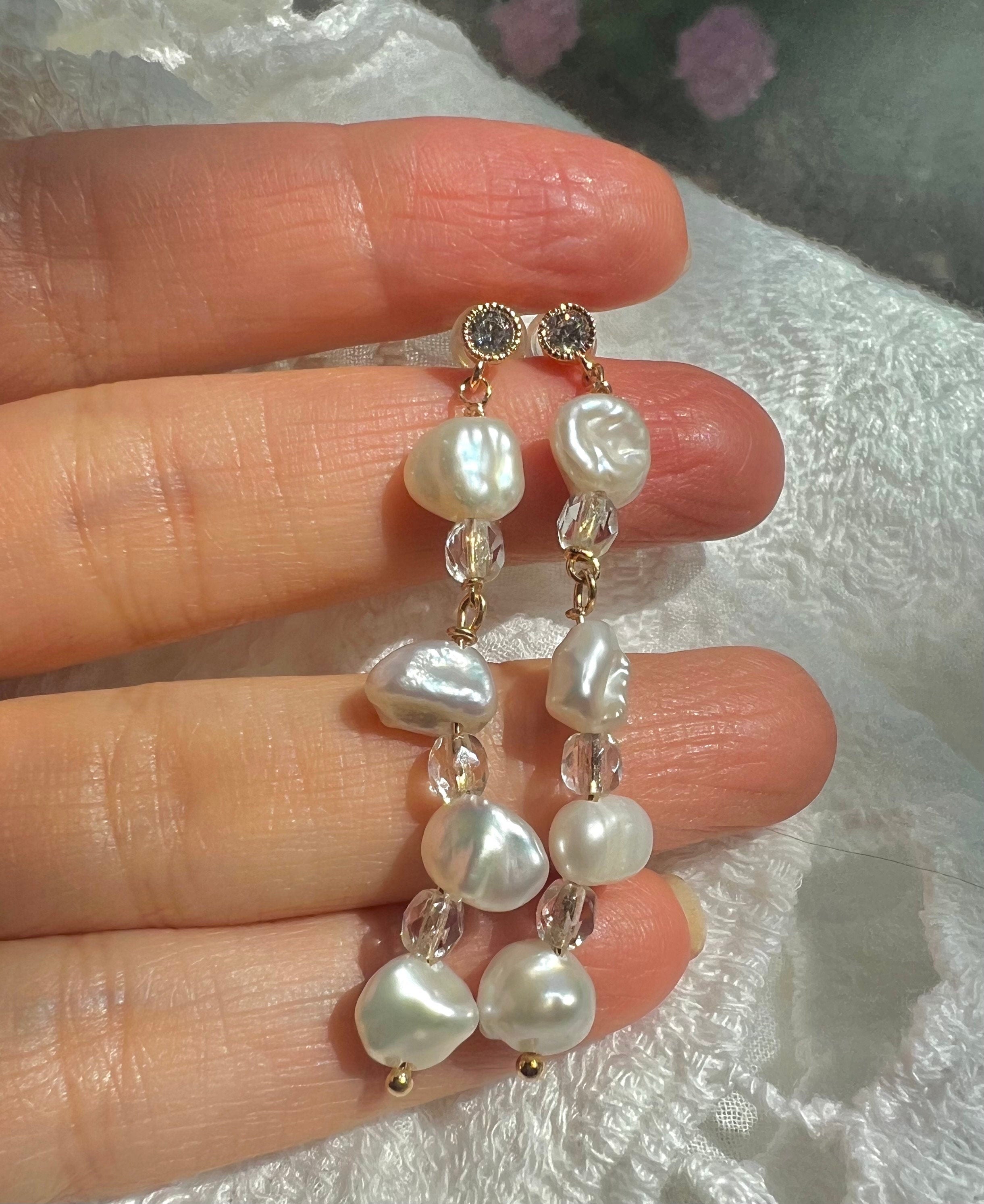 France style baroque petals pearl crystal dangle dainty earring. High Luster pearl earring. Gift for her.