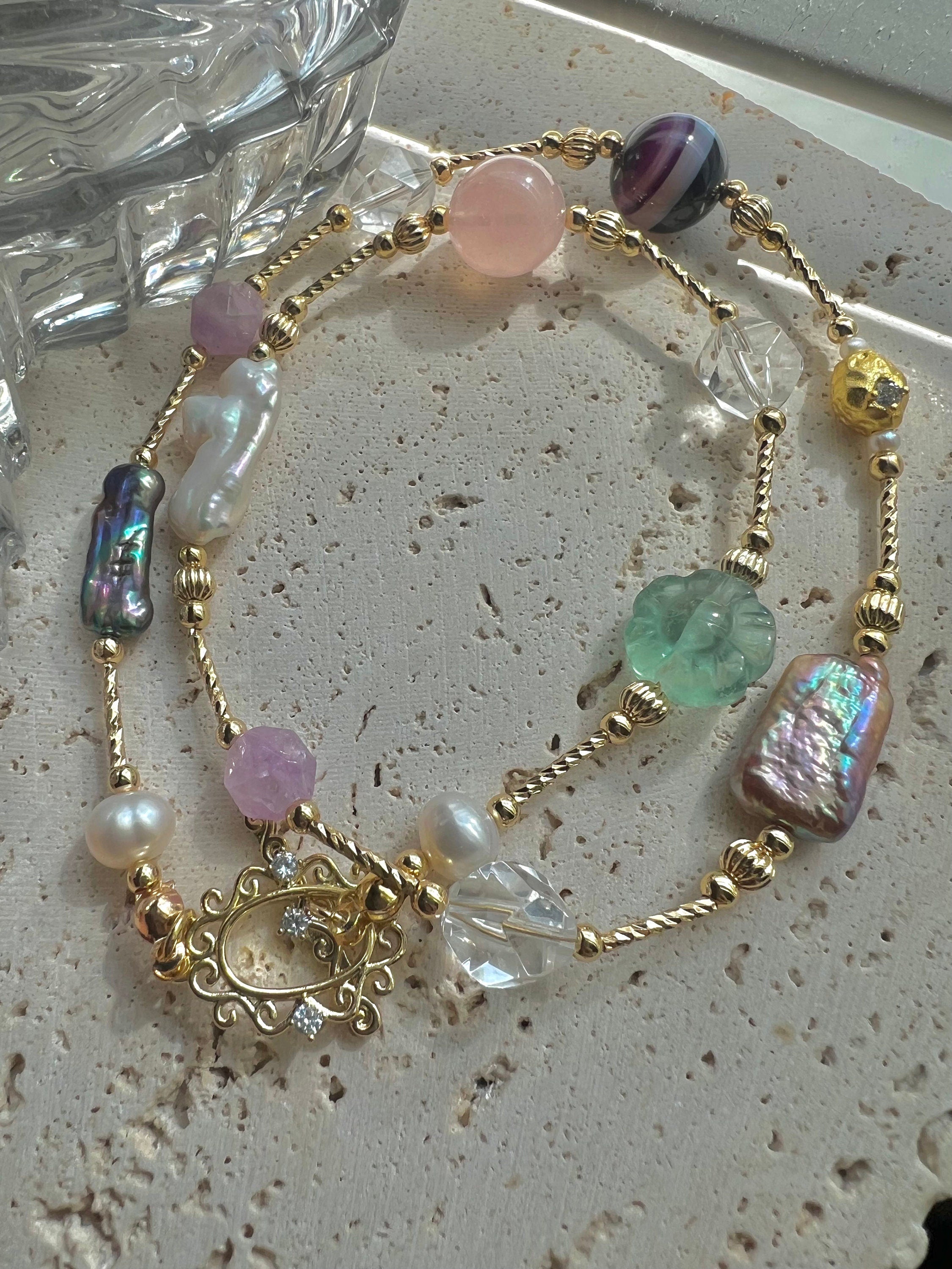 18K gold baroque pearl gemstone multicolored necklace. Candy statement necklace. Designed necklace. Adorable necklace.