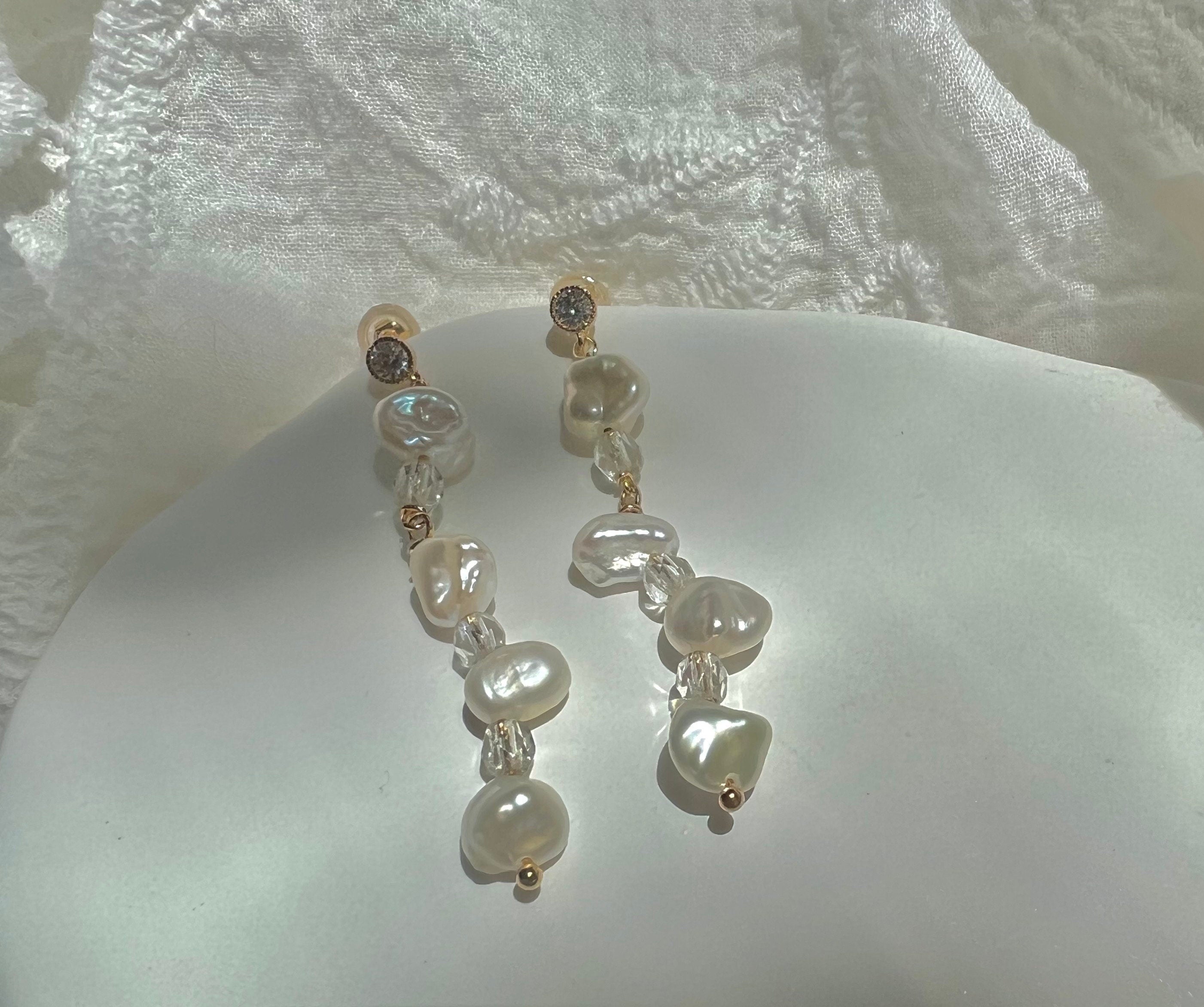 France style baroque petals pearl crystal dangle dainty earring. High Luster pearl earring. Gift for her.