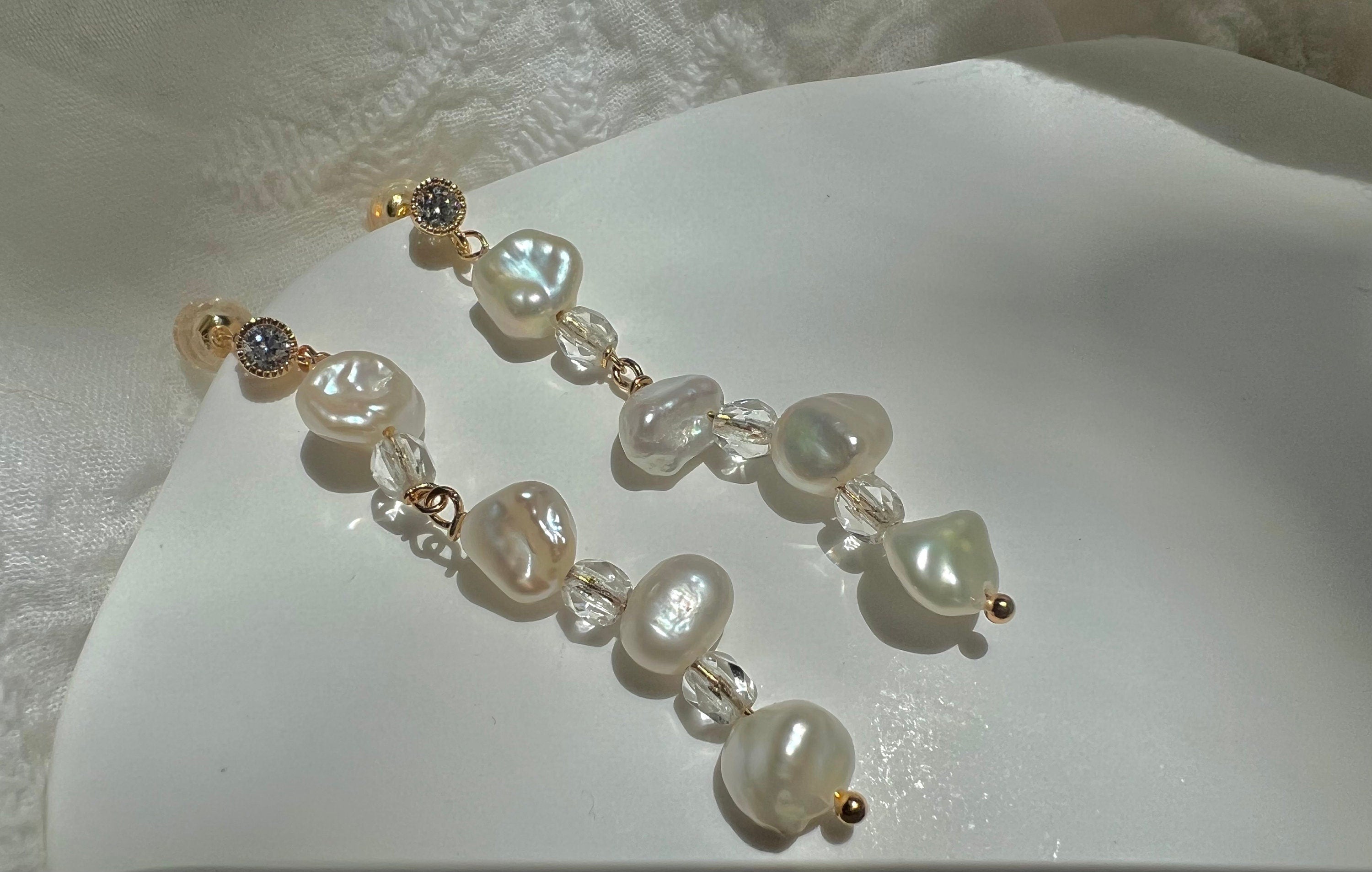 France style baroque petals pearl crystal dangle dainty earring. High Luster pearl earring. Gift for her.