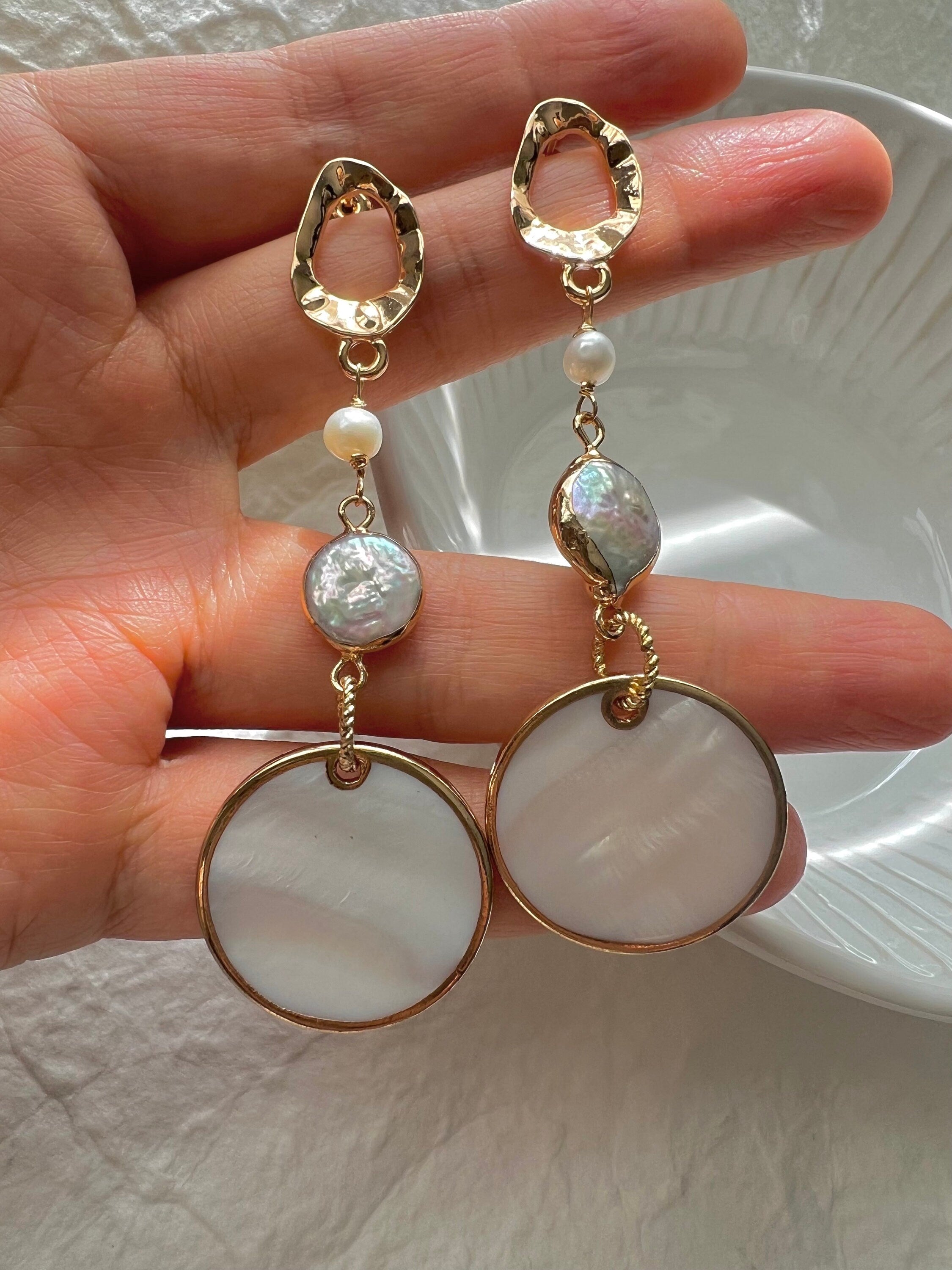 Chic freshwater pearl Charm long drop earrings. Boho shell earrings , Designed Dangling earrings. Modern pearl earrings.