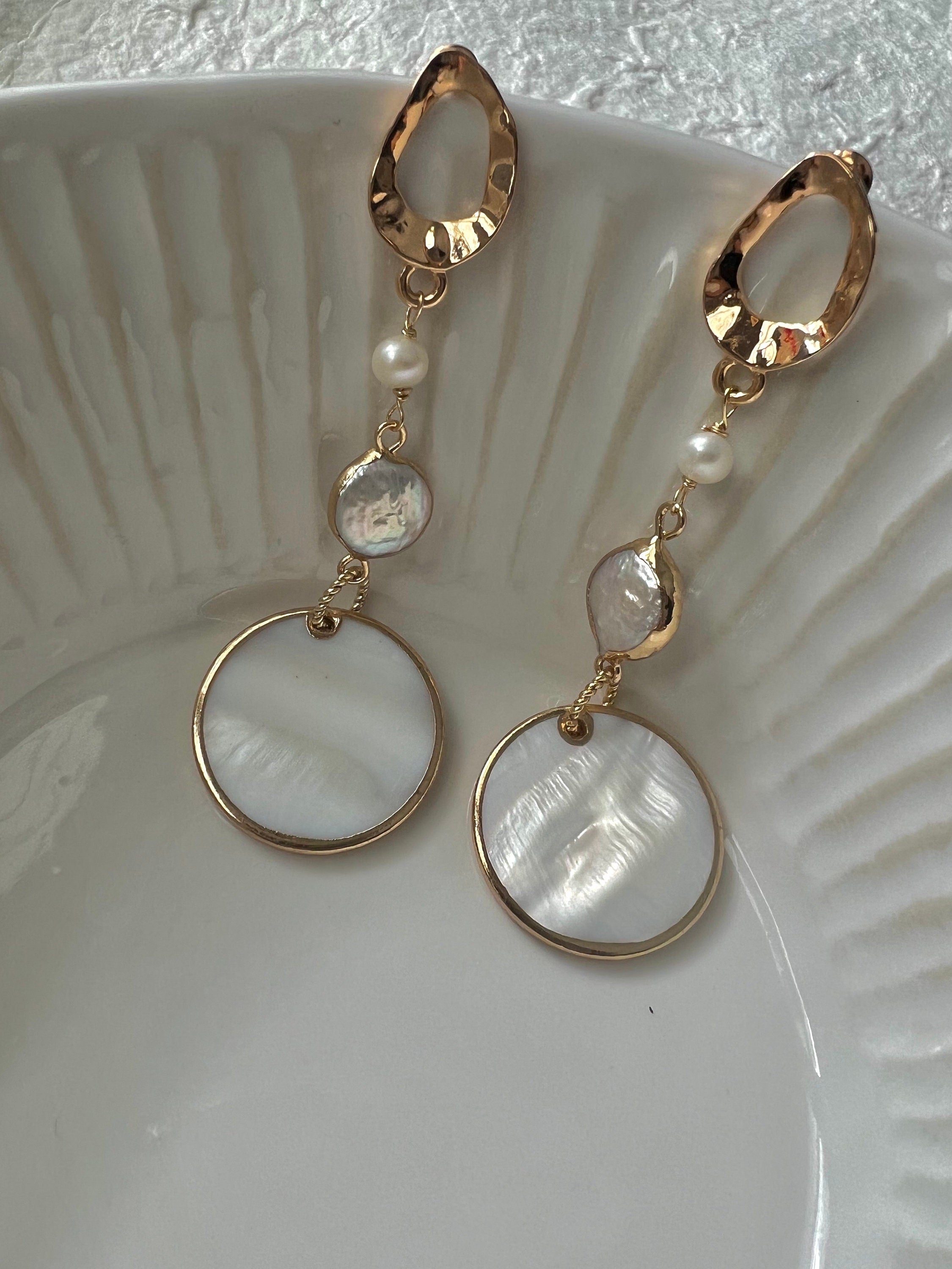 Chic freshwater pearl Charm long drop earrings. Boho shell earrings , Designed Dangling earrings. Modern pearl earrings.