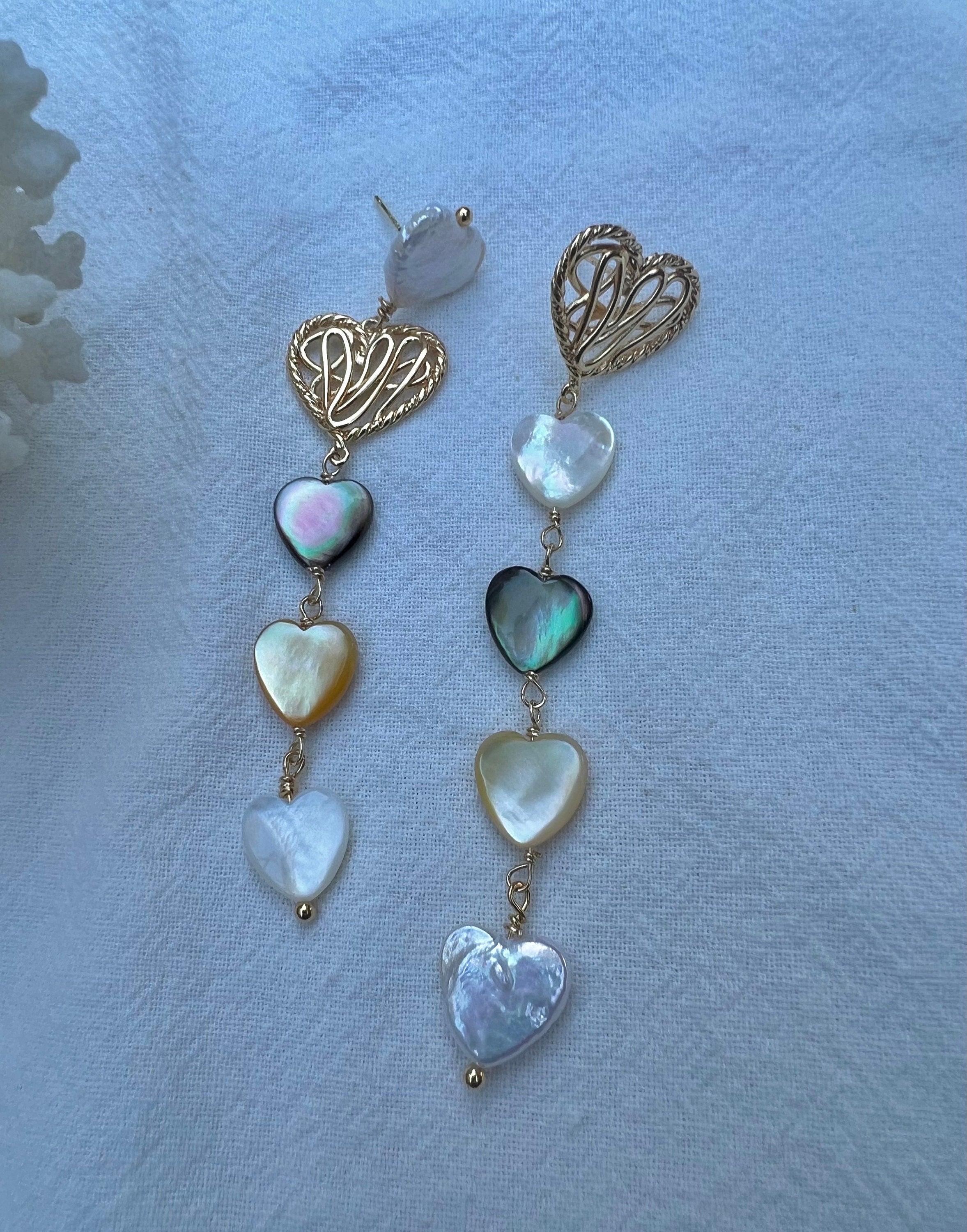 High quality freshwater Baroque multi-heart filigree earrings. Boho wedding earrings. Candy earrings. Unbalanced earrings.