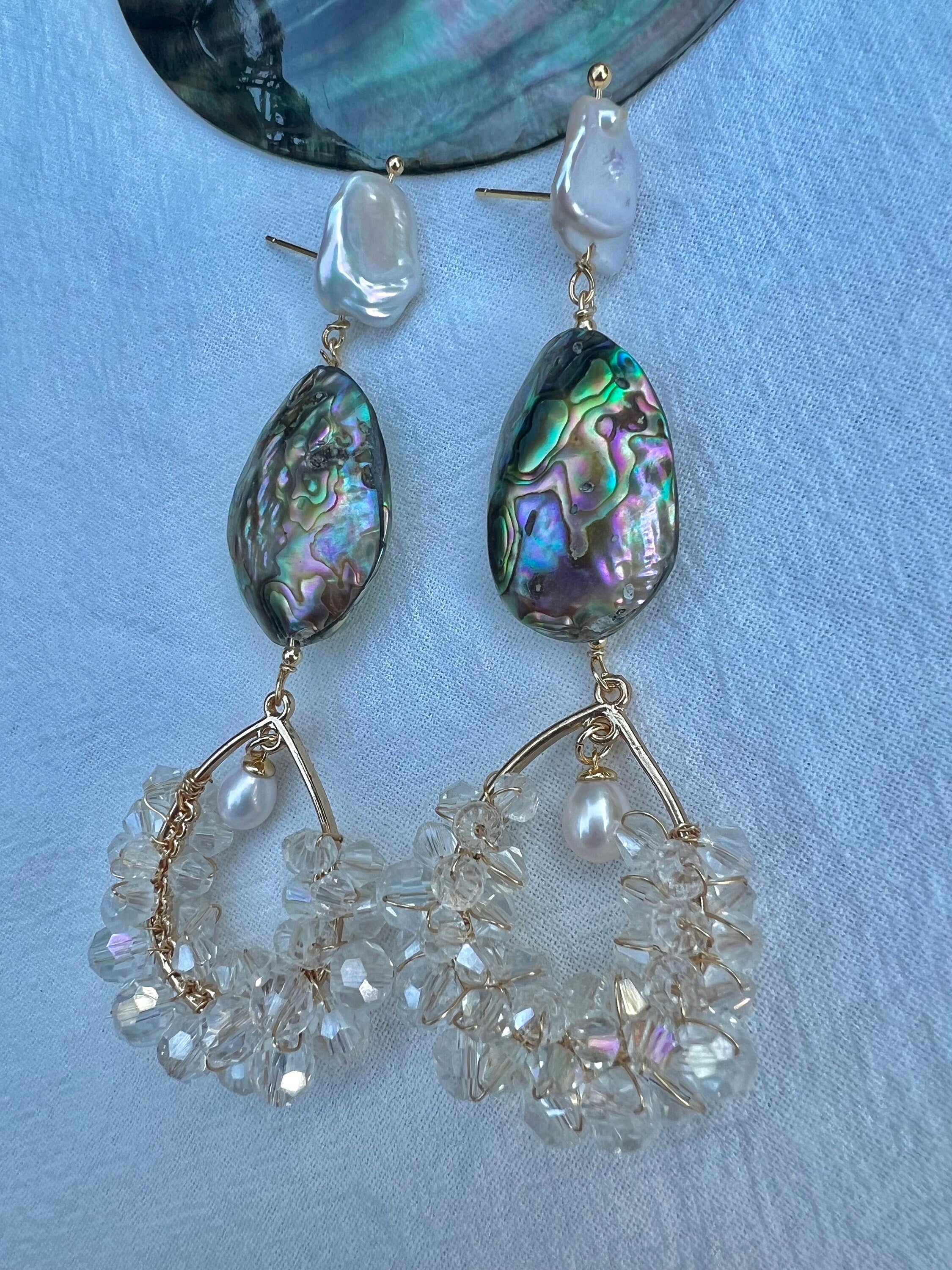 Genuine freshwater baroque pearl long dangle teardrop crystal abalone earrings. Bridal boho pearl earrings. Art deco earrings.