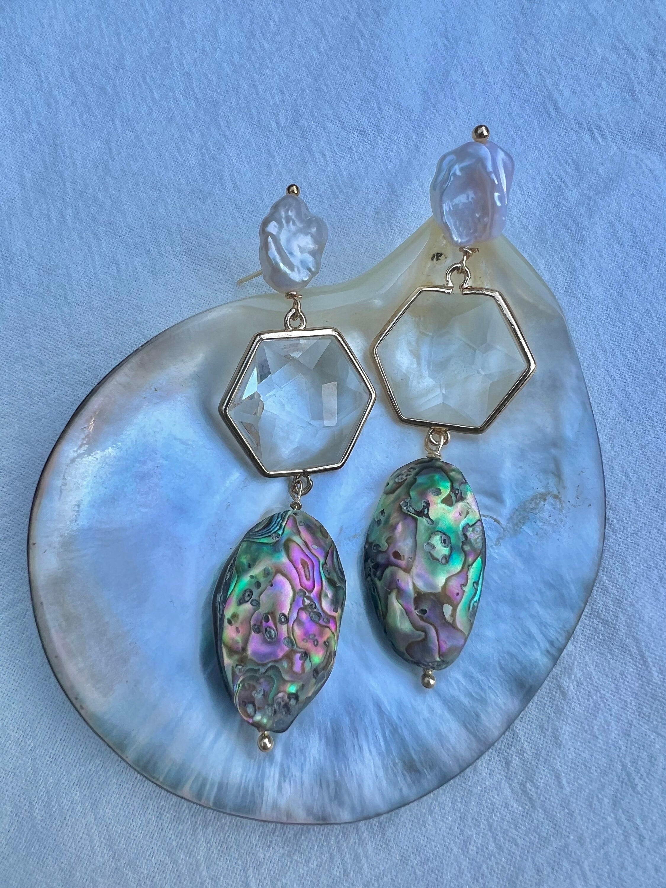 Genuine freshwater baroque pearl long dangle teardrop crystal abalone earrings. Bridal boho pearl earrings. Art deco earrings.