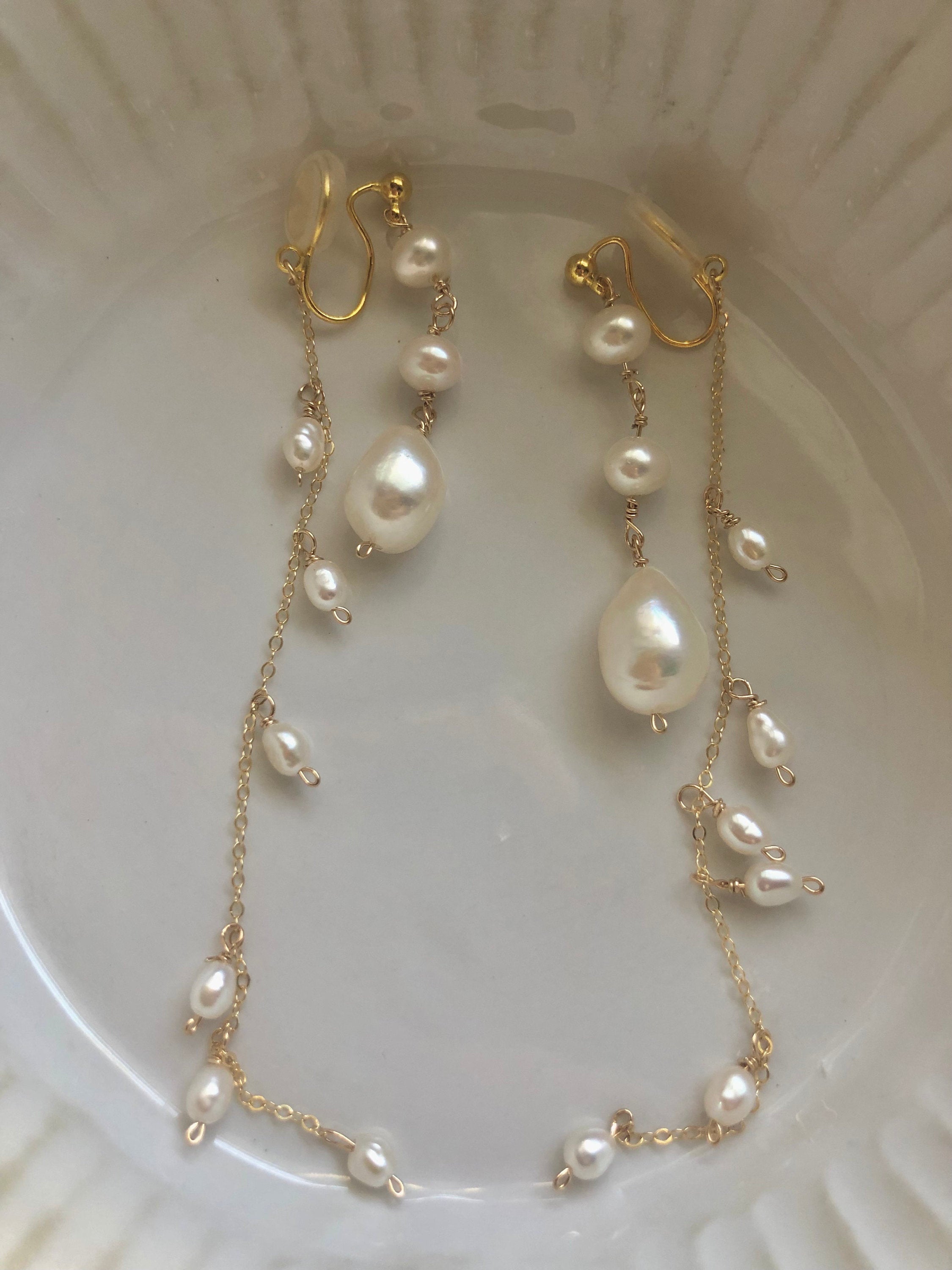 Freshwater baroque pearl clip on earring. No pain earring. Bridal pearl earring. Pearl double dangle earrings. No piercing.