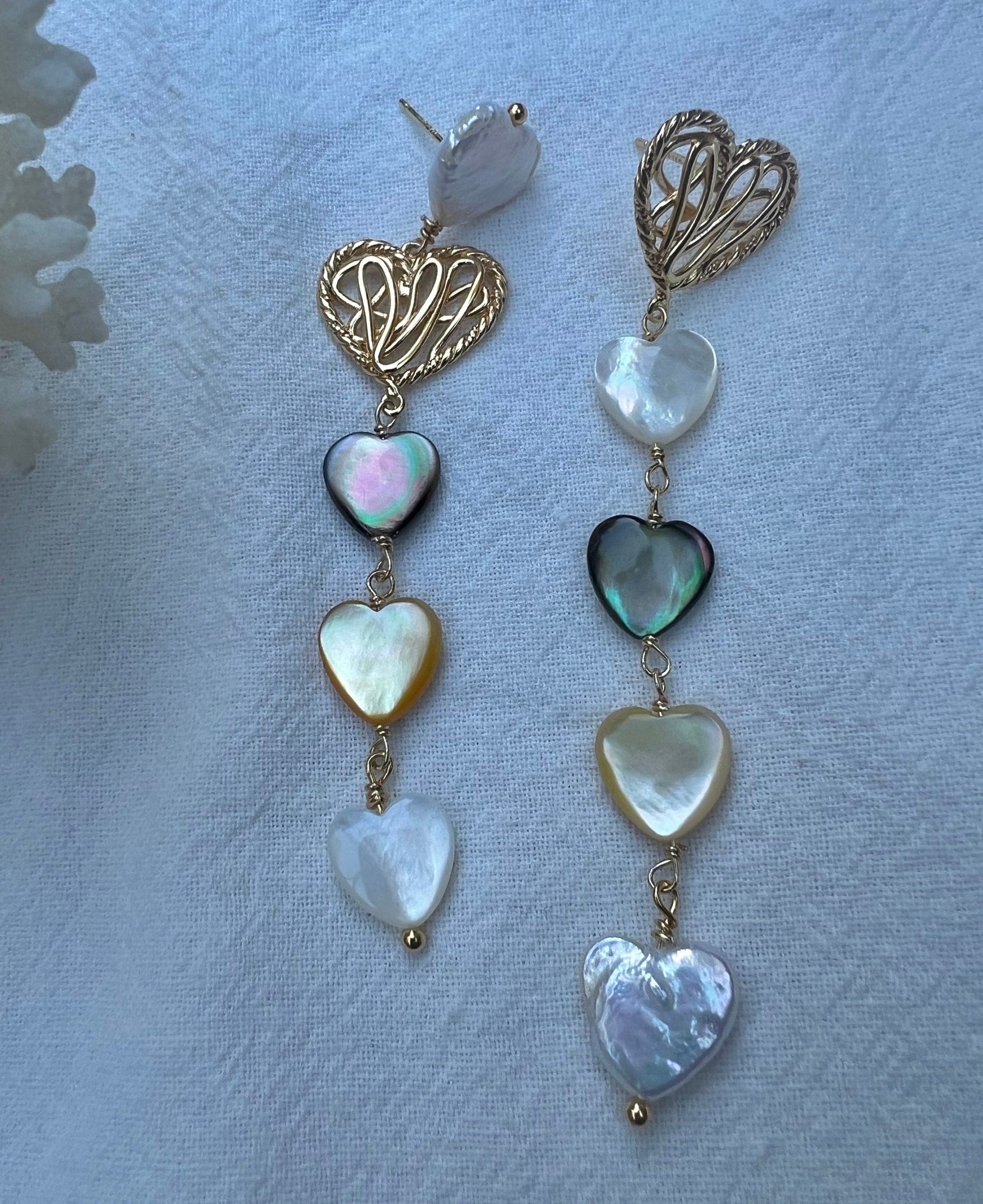 High quality freshwater Baroque multi-heart filigree earrings. Boho wedding earrings. Candy earrings. Unbalanced earrings.
