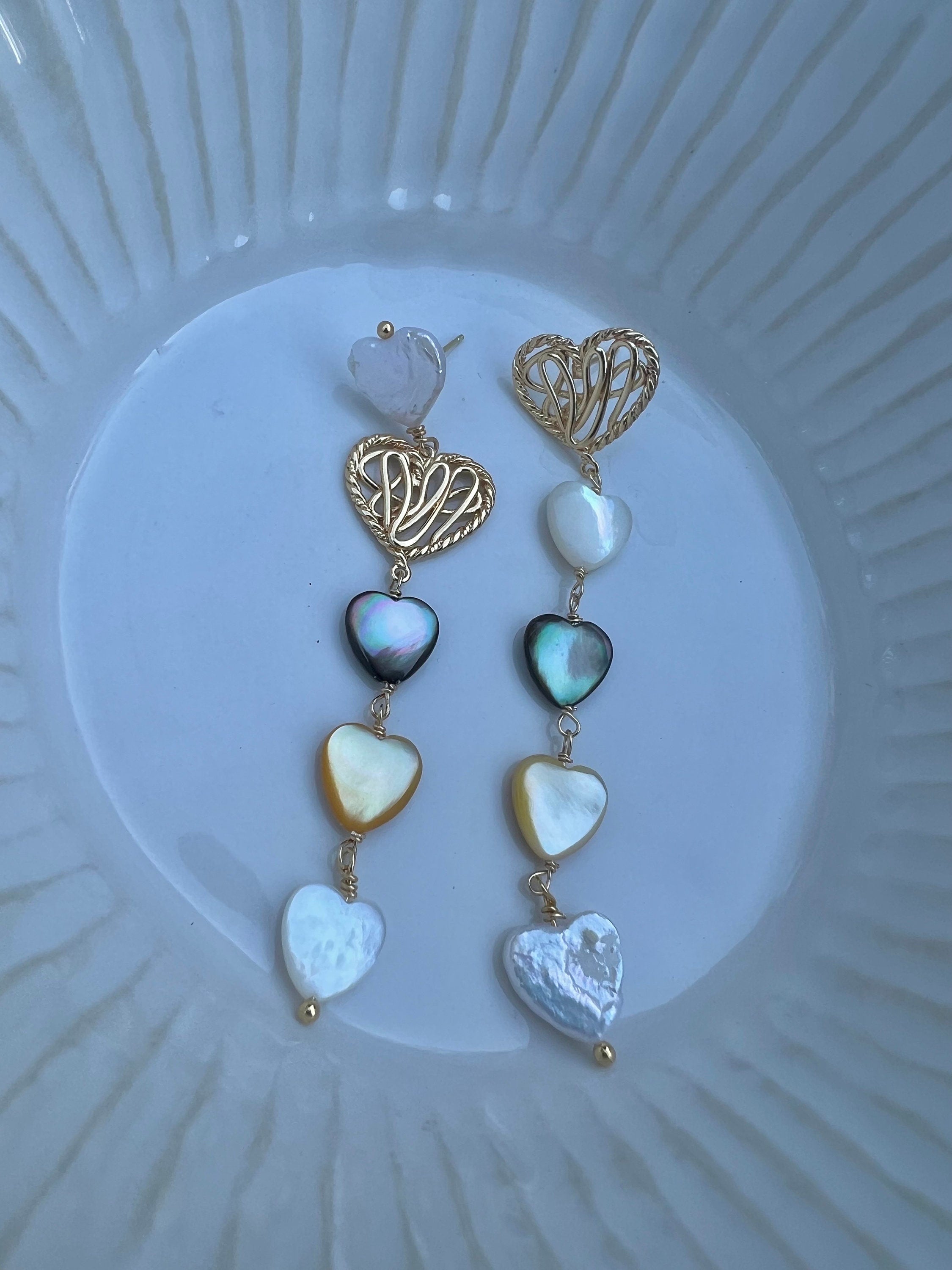 High quality freshwater Baroque multi-heart filigree earrings. Boho wedding earrings. Candy earrings. Unbalanced earrings.