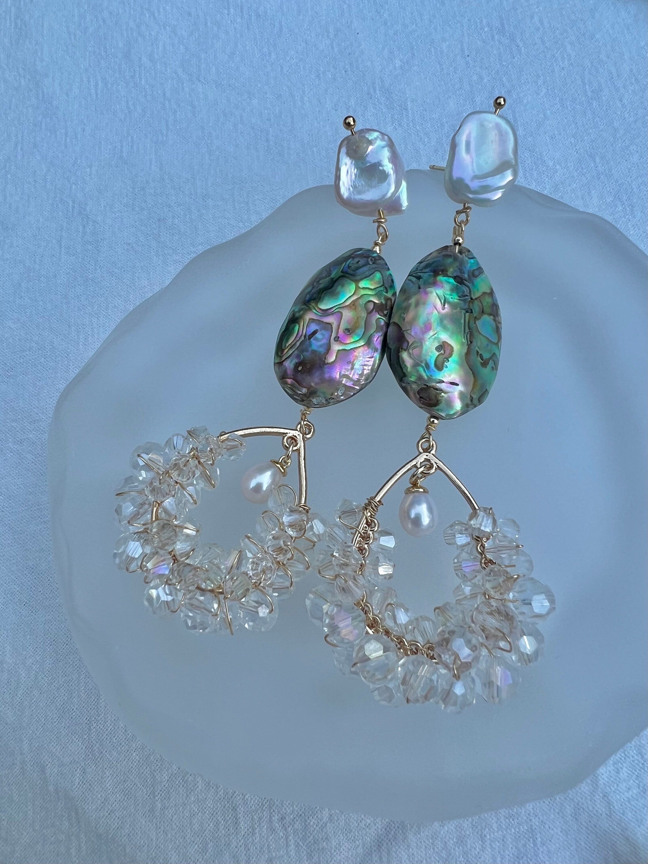 Genuine freshwater baroque pearl long dangle teardrop crystal abalone earrings. Bridal boho pearl earrings. Art deco earrings.
