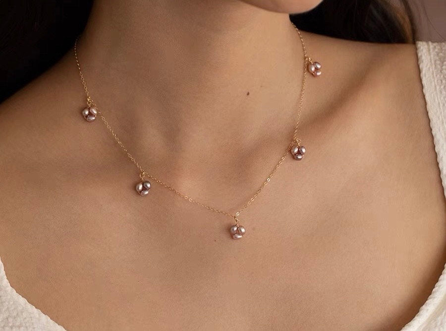 Gold filled Freshwater pearl flower necklace. Tiny Pearl fringe necklace. Tessle necklace. Station necklace. Dainty necklace. Gift for her