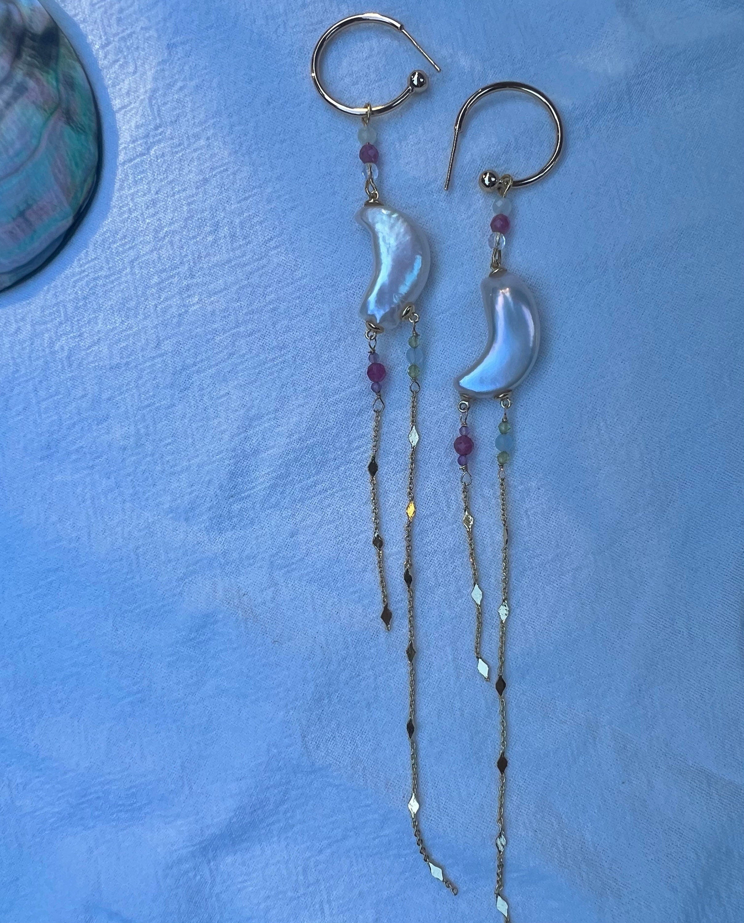 Art Deco Freshwater moon pearl dangle earrings. Delicate gemstones earring. Space earrings. Tassel elegant earrings. Gifts