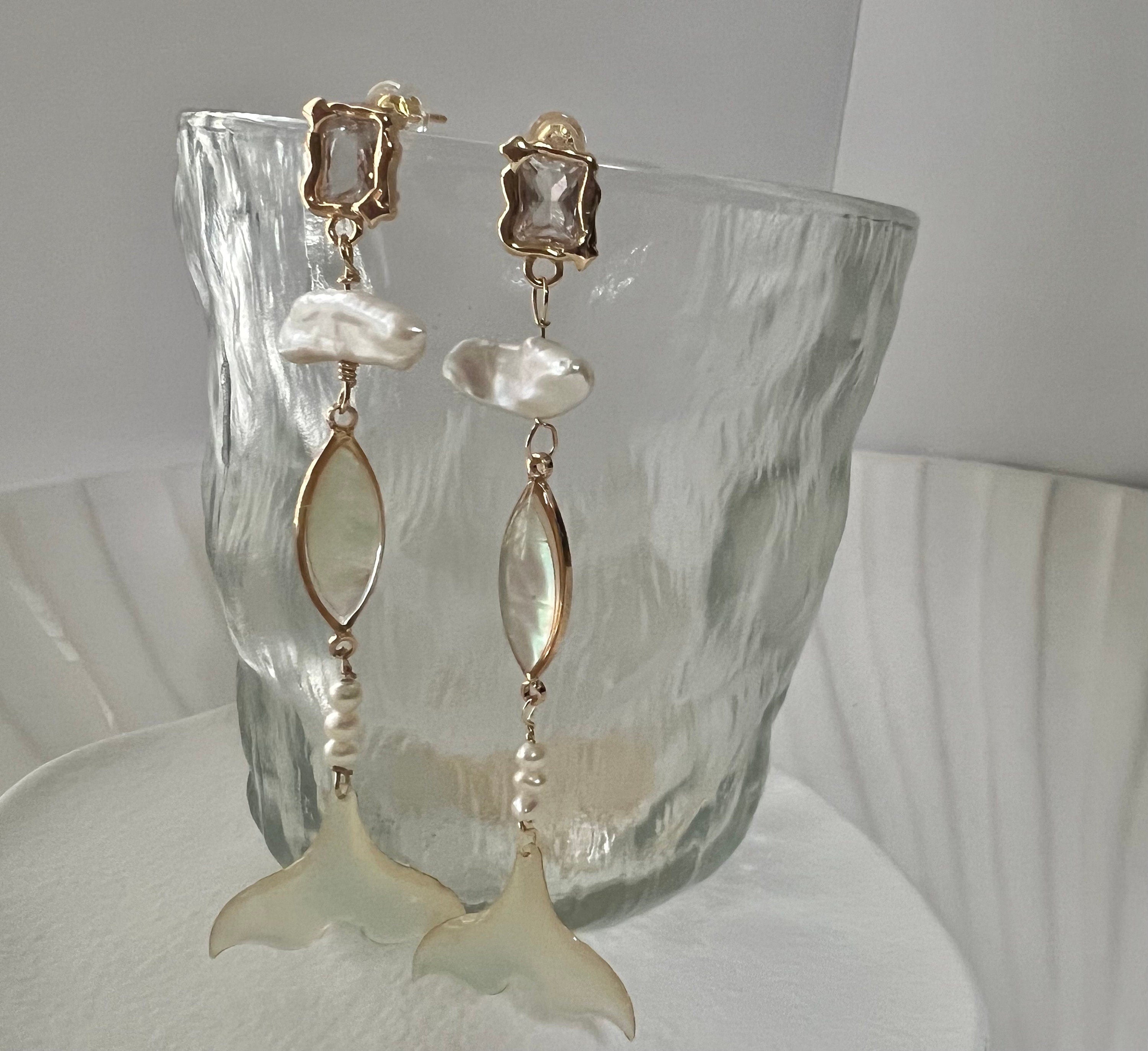 Genuine freshwater keshi pearl long dangle mermaid tail earrings. Bridal boho pearl earrings. Art deco pearl earrings.