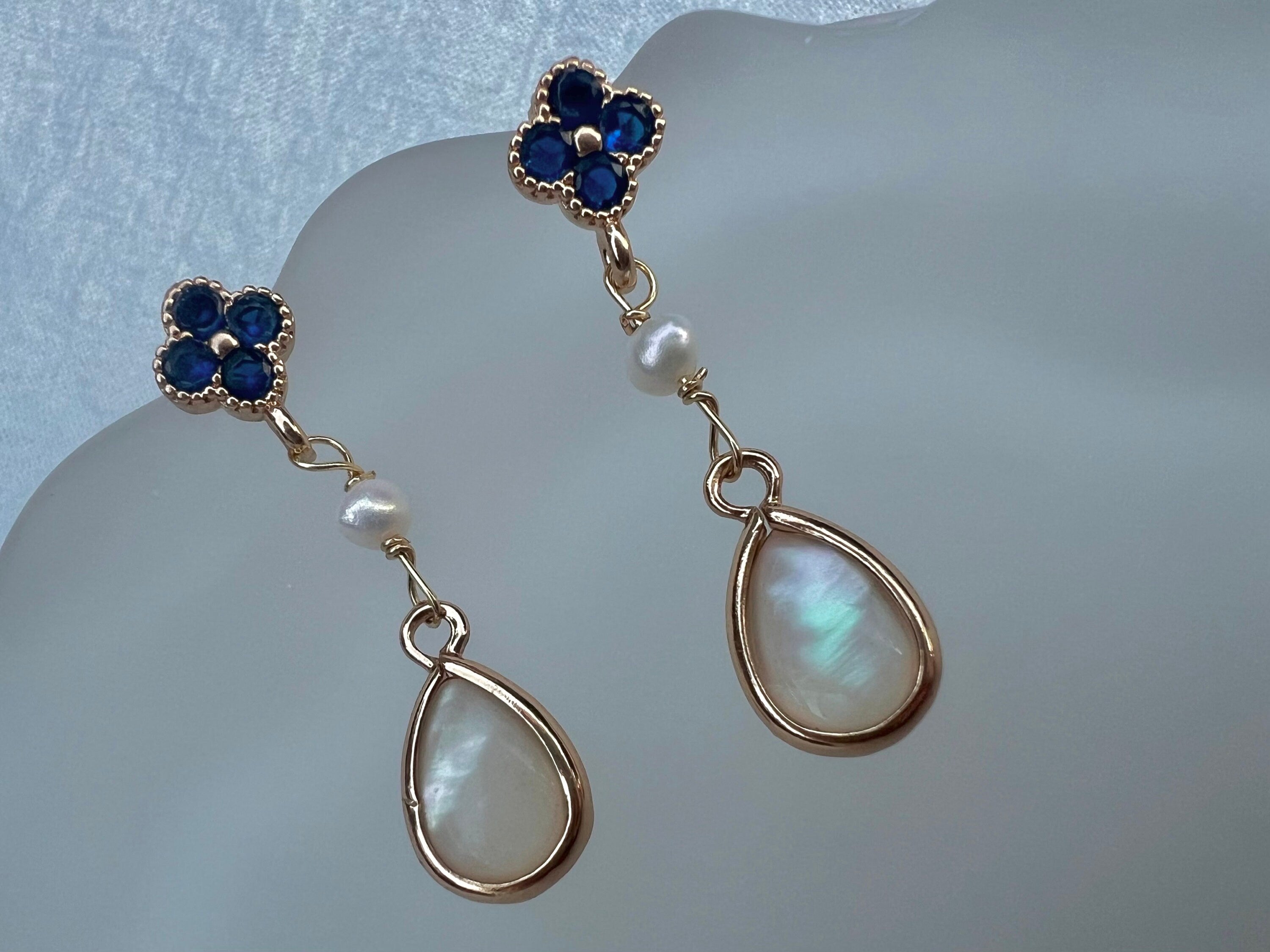 Genuine freshwater pearl teardrop shell clover earrings. Bridal boho CZ earrings. Art deco pearl earrings.