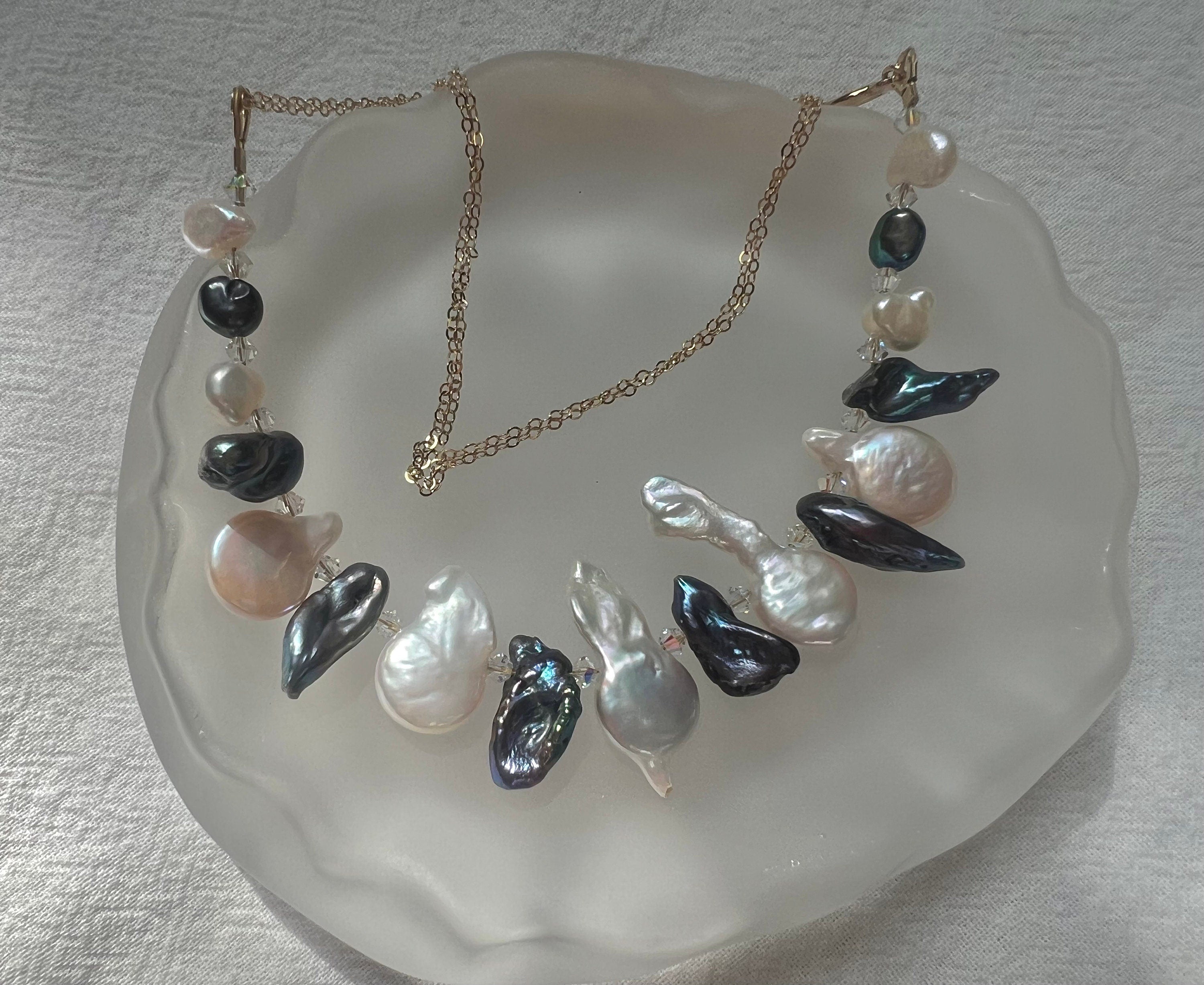 14K gold filled genuine multi-shape multi-color freshwater pearl necklaces.Pearl choker necklace. Peacock pearl necklace.