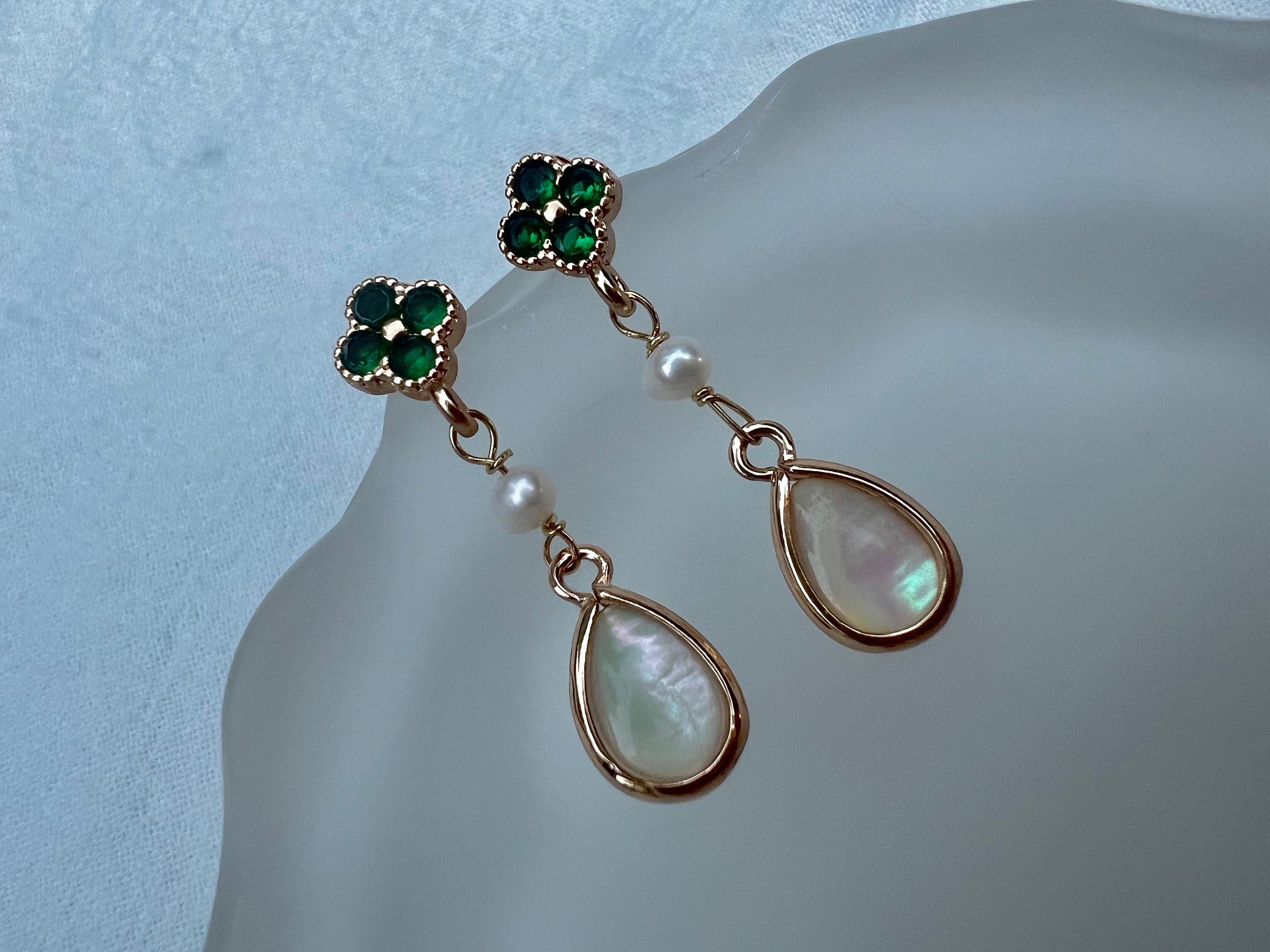 Genuine freshwater pearl teardrop shell clover earrings. Bridal boho CZ earrings. Art deco pearl earrings.