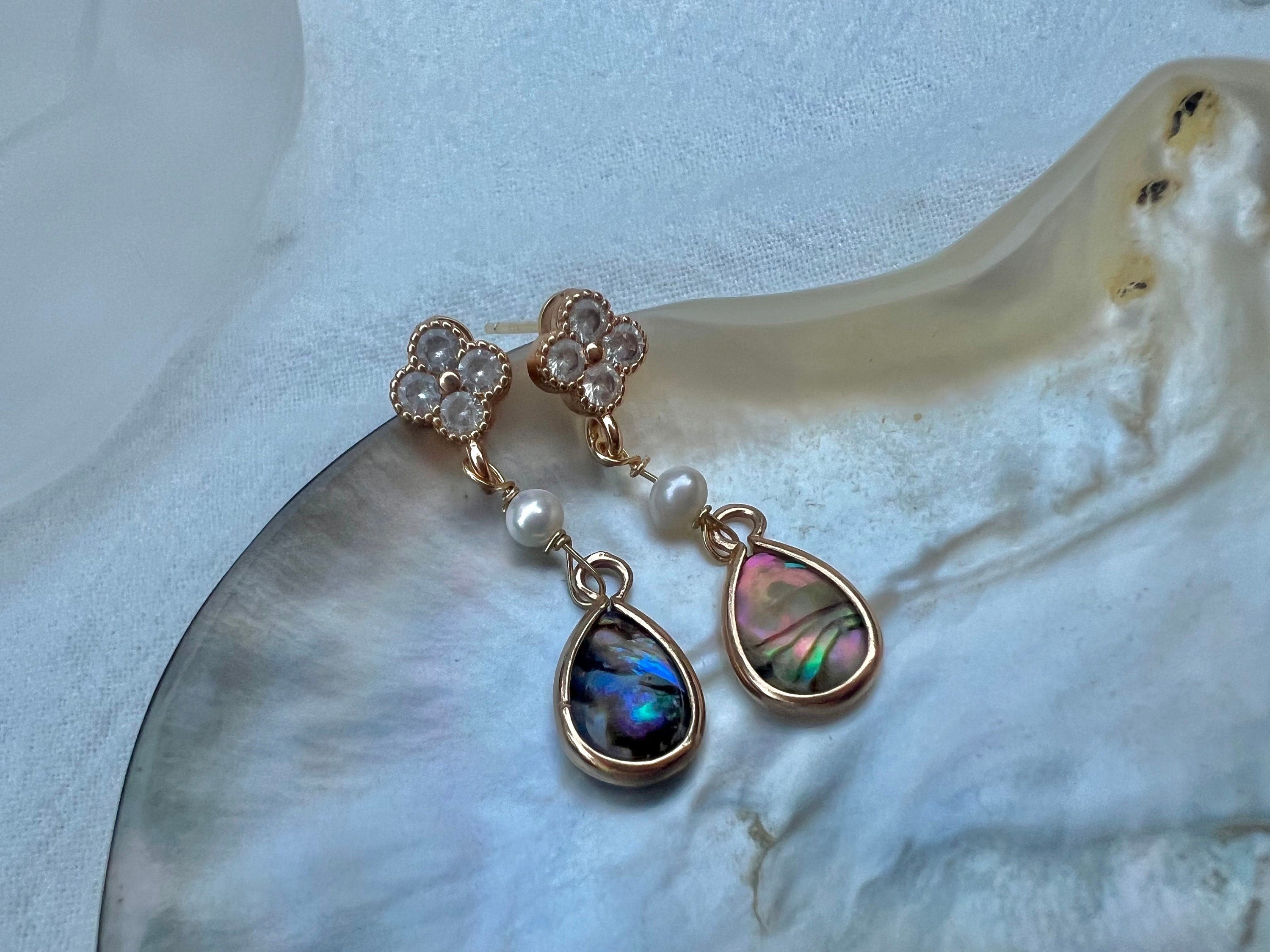 Genuine freshwater pearl teardrop shell clover earrings. Bridal boho CZ earrings. Art deco pearl earrings.