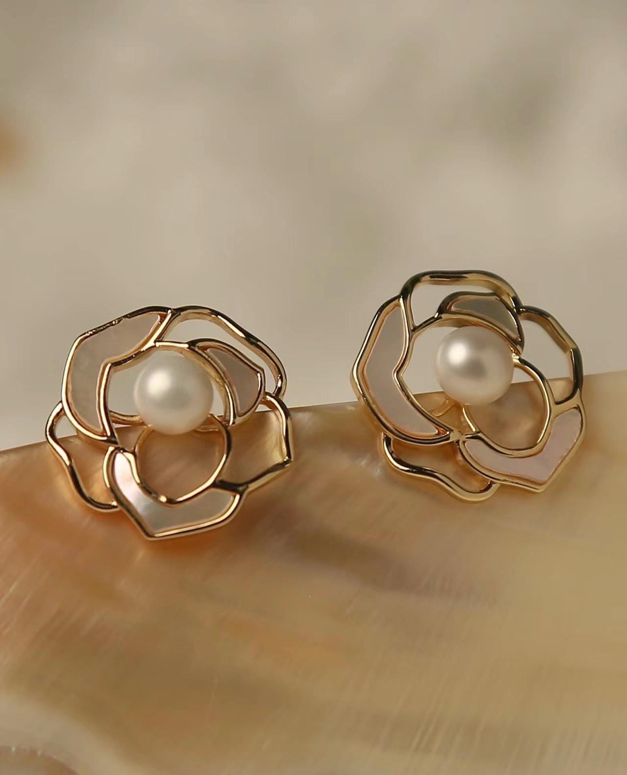 925 sterling silver ear post natural freshwater pearl camellia ear stud dainty earring. Elegant earring. Delicate earring. Gift for her
