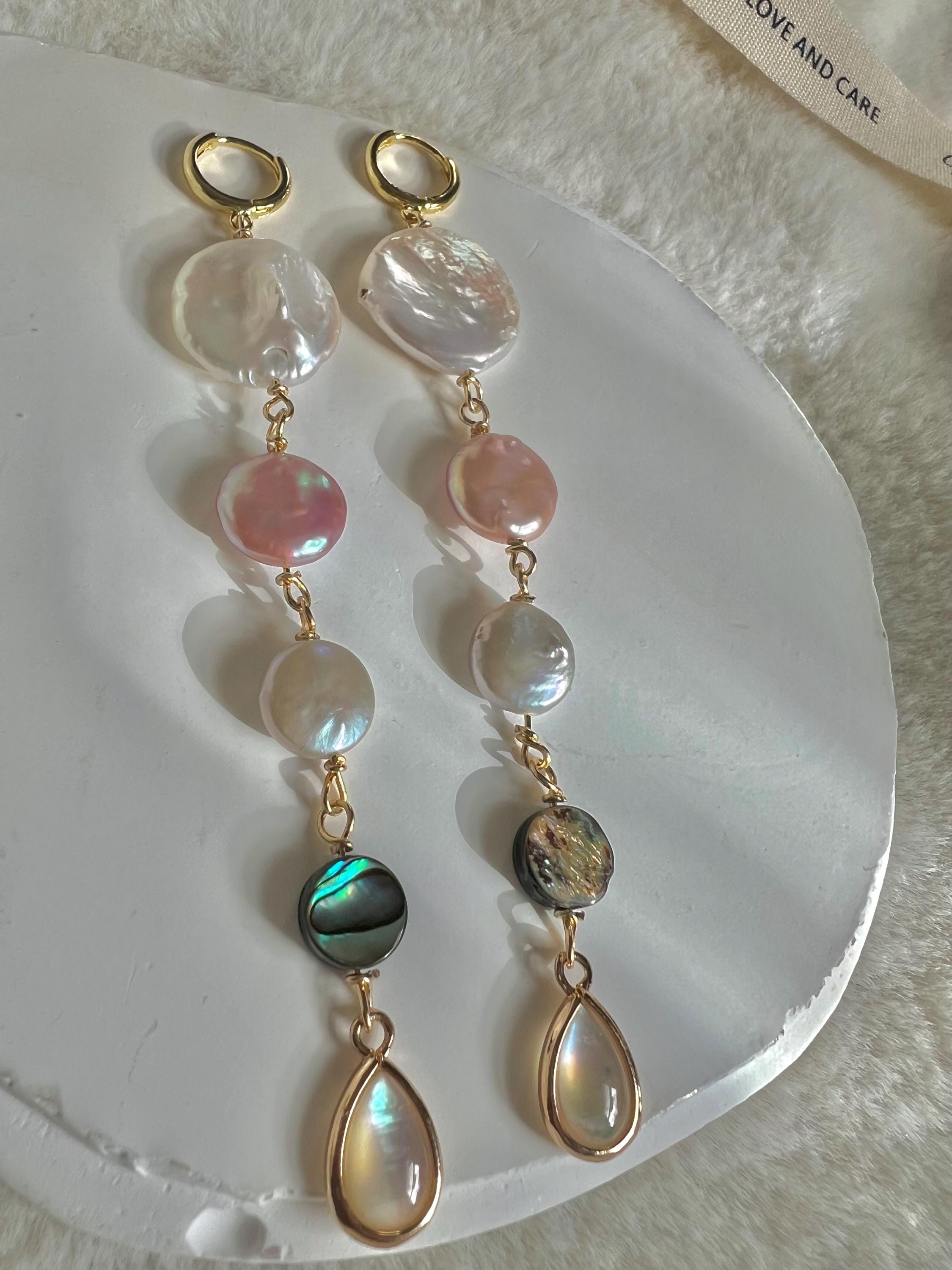 Baroque pearl multi- colored dangle earring. Candy earring. Chandelier 4 tier earrings. Gold tone with long beads.
