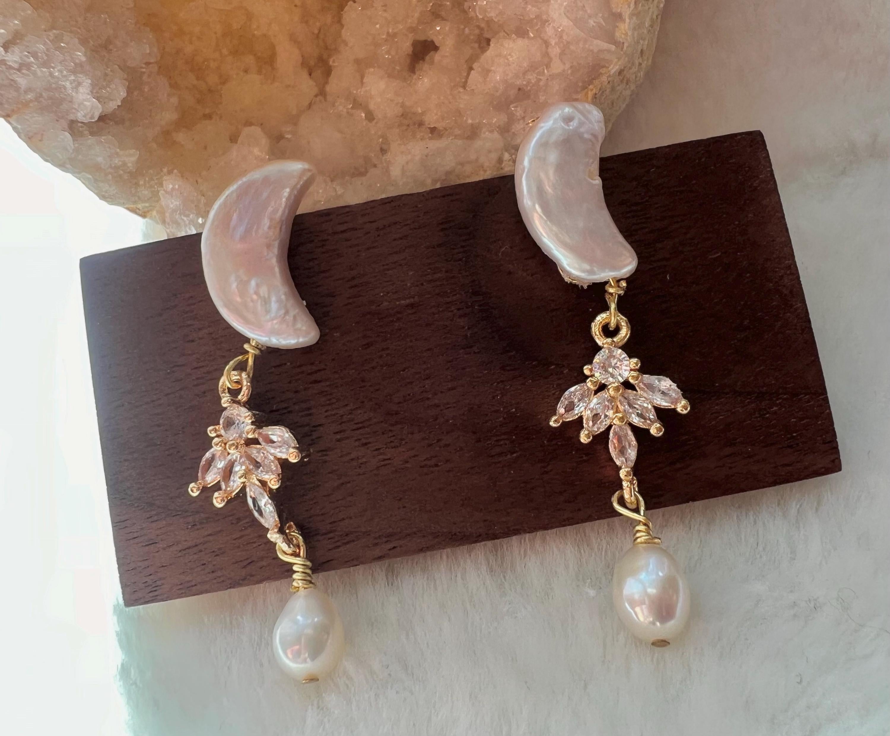 Victoria style elegant freshwater baroque moon pearl dangle earring. Space earring