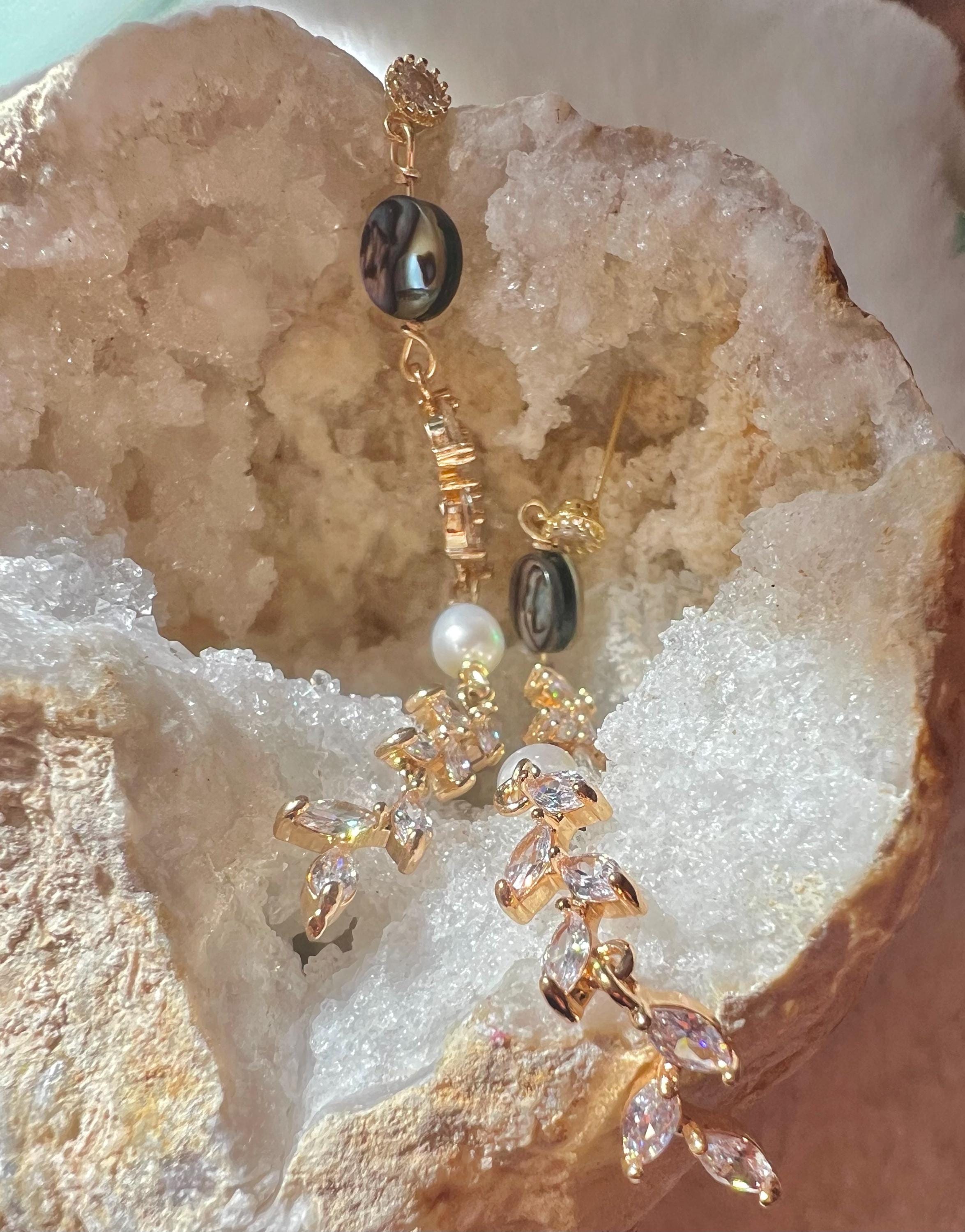 Freshwater pearl Art deco deco long crystal earrings. Diamond clip on earrings. Abalone shell earrings.